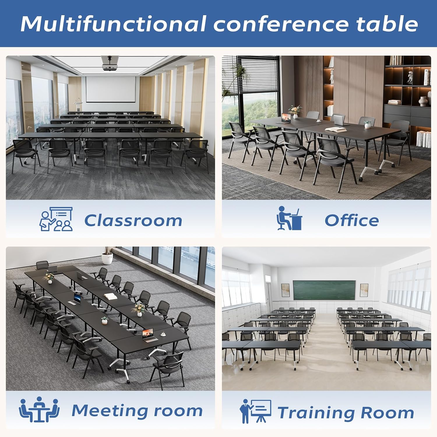 4 Pack Folding Conference Tables with Wheels,70.8in Flip Top Modular Conference Table,Mobile Joinable Conference Tables,Stackable Space-Saving Training Table for Office Classroom Seminar(Black)