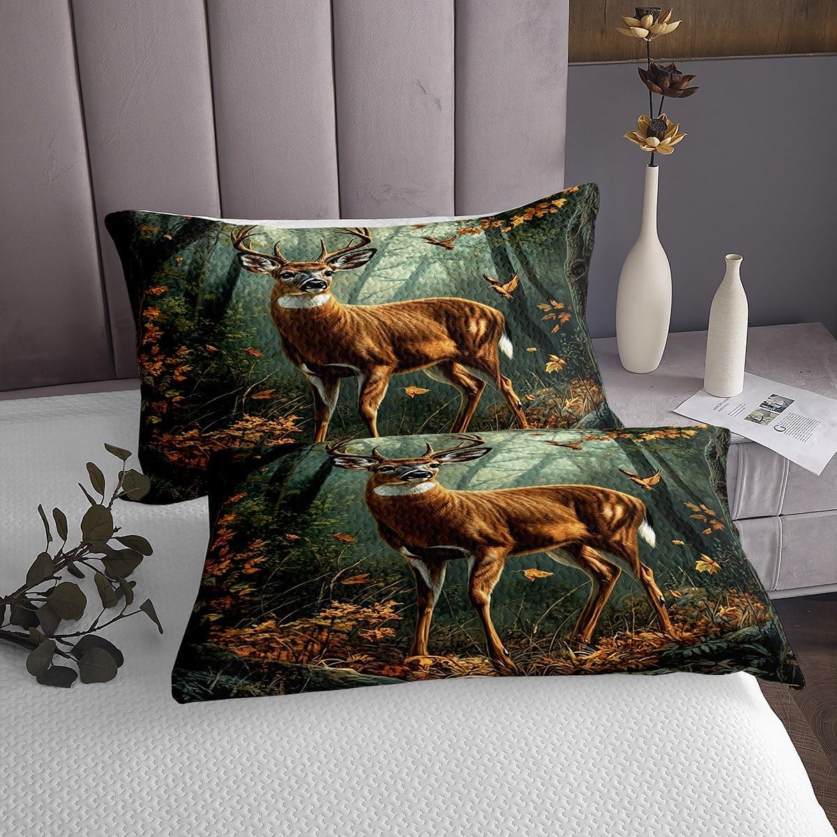 jejeloiu Deer Bedspread Deer Hunting Bedspread for Kids Boys Girls Wild Animal Coverlet Set Falling Maple Quilted Bedroom Collection 3Pcs Queen Size
