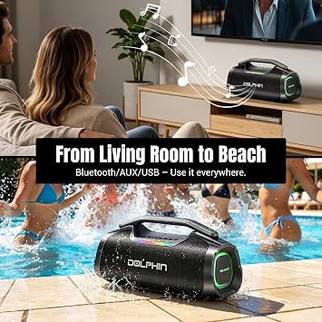 Outdoor Bluetooth Speaker 55W Loud Bass, IP67 Waterproof, Large Rechargable Battery, Ambient Light, Wireless TWS Pairing Stereo Sound Portable Speakers for Party, Travel, House, Beach, Camping, Black