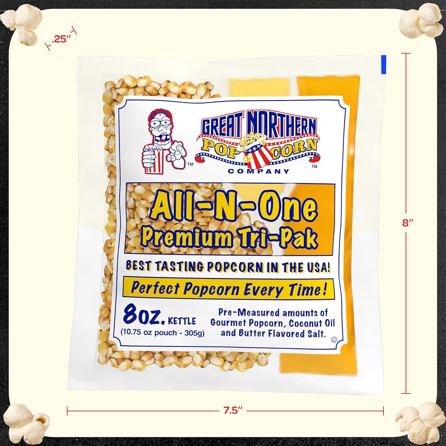 All-in-One Premium Tri-Pack Popcorn - 10.75-Ounce Movie Theater Popcorn for Commercial 8-Ounce Kettle Poppers - 12/Case by Great Northern Popcorn