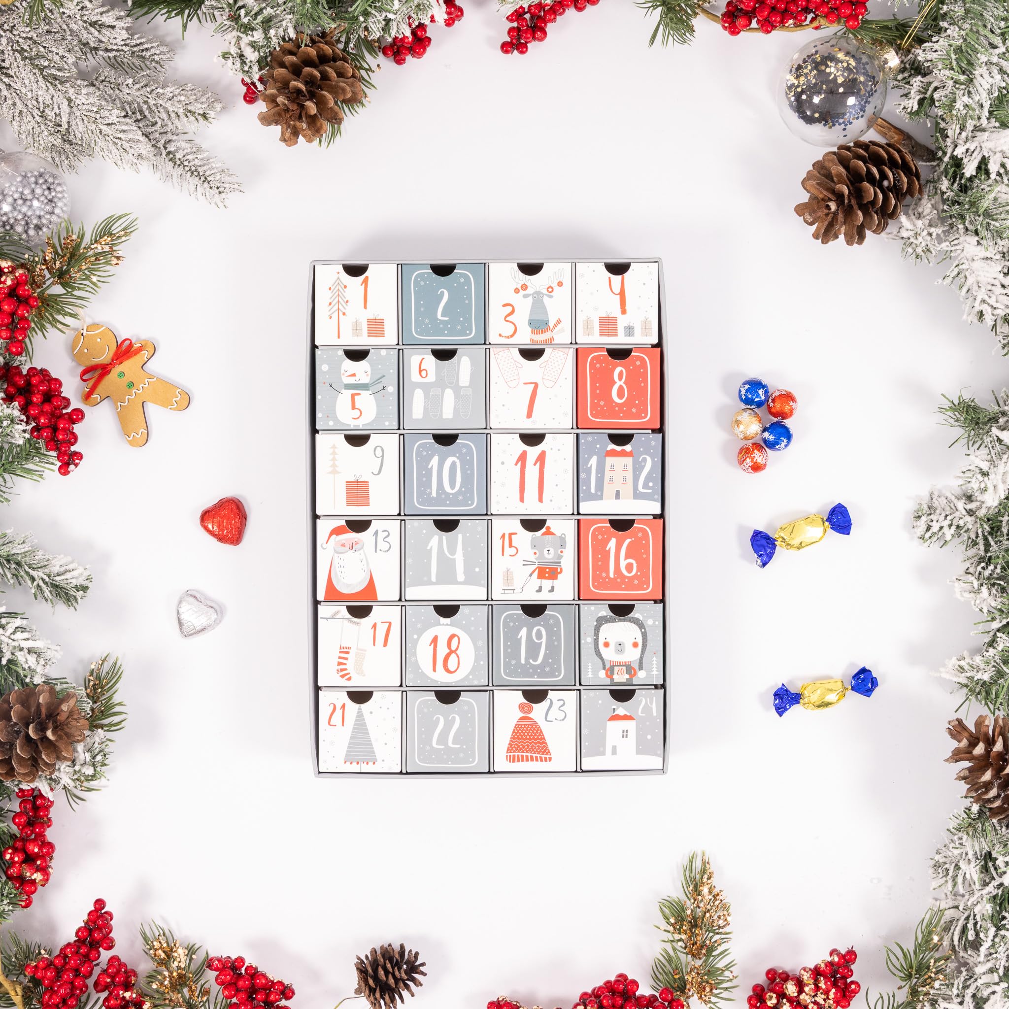 Adventskalender zum selber befüllen, 24 Tage wiederverwendbar, 1-24 leere Schubladen für Weihnachts-Countdown (Grau)