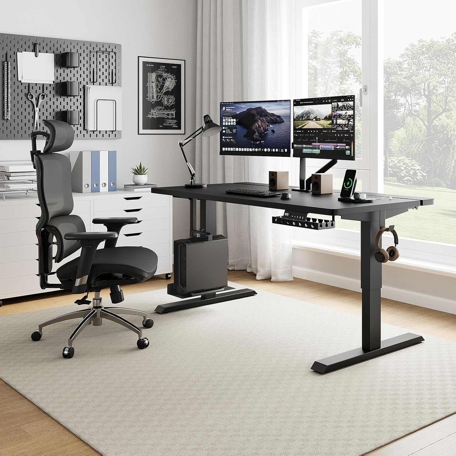 60" Electric Standing Desk Adjustable - Sit Stand Desk with Built-in Power Hub, 3 Memory Height Presets, Dual Monitor Mount, PC Tower Holder & Cable Management Tray for Home Office, Gaming