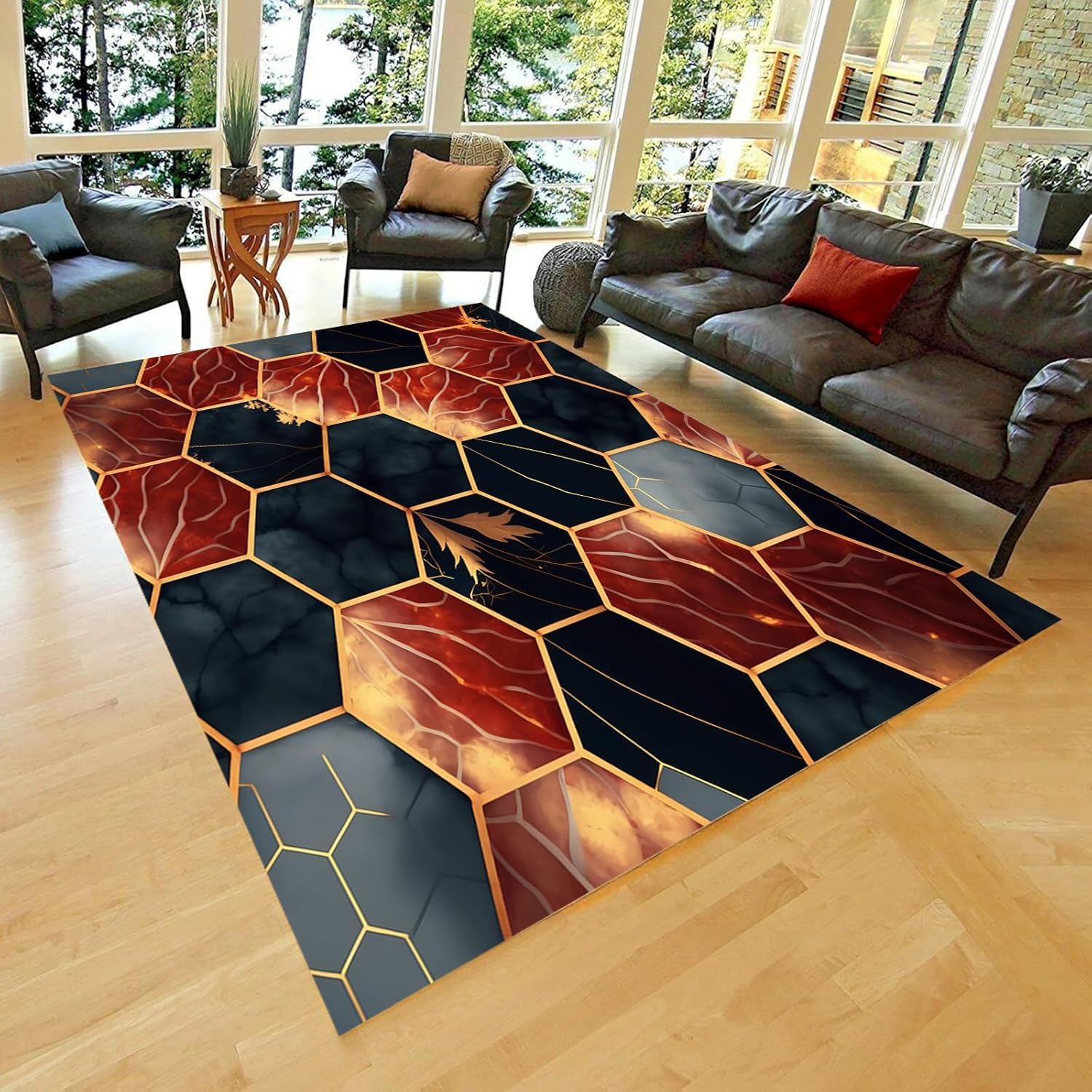 Tapis de salon 3D abstrait pour créer un coin canapé cosy et moderne