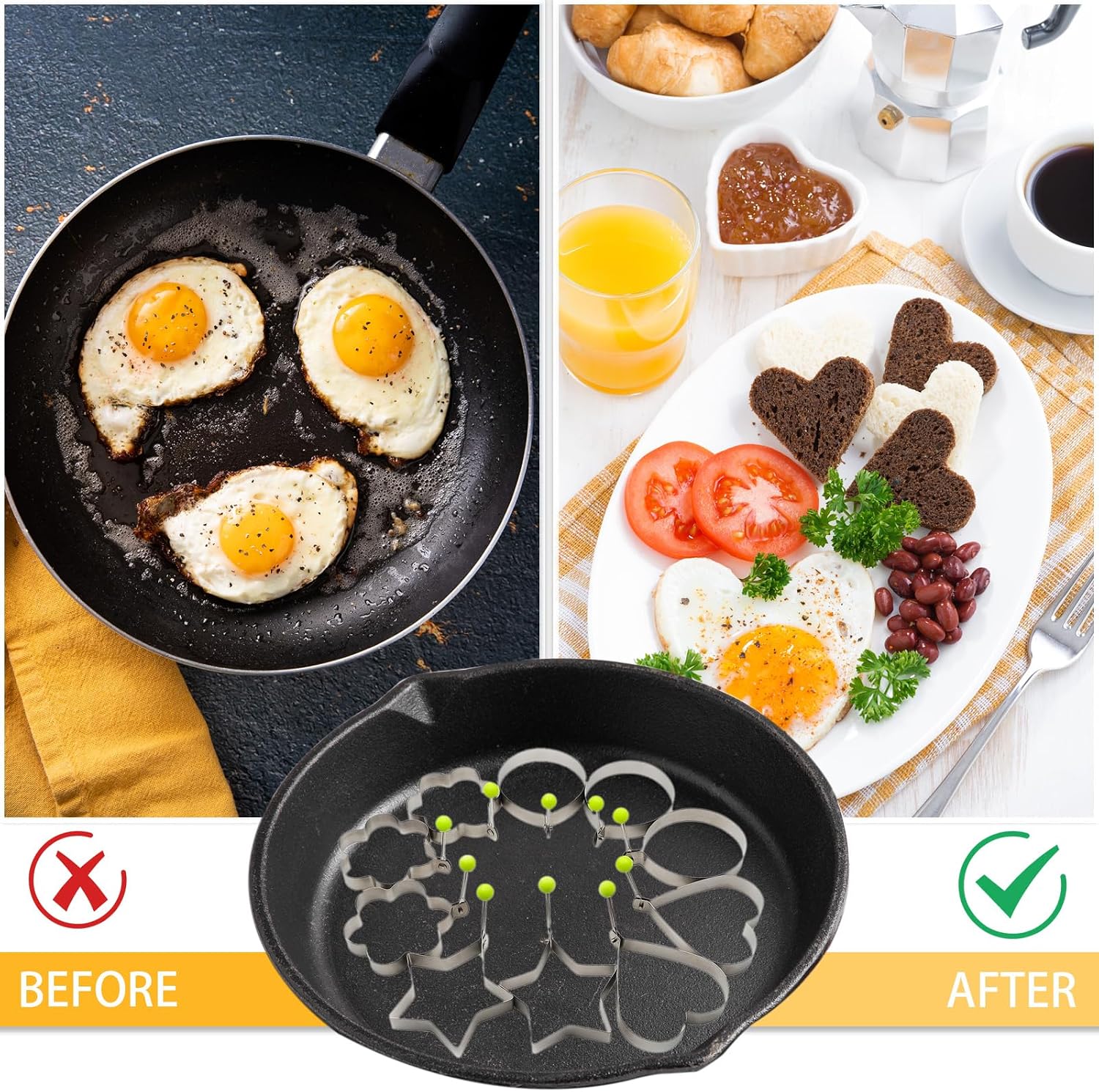 10 Pack Stainless Steel Pancake Molds for Griddle & Egg Shaper for Frying Pan, Effortlessly Create Fun Shaped Pancakes, Eggs & Omelettes, Multiple Fun Shapes Perfect for Breakfast & Family Cooking