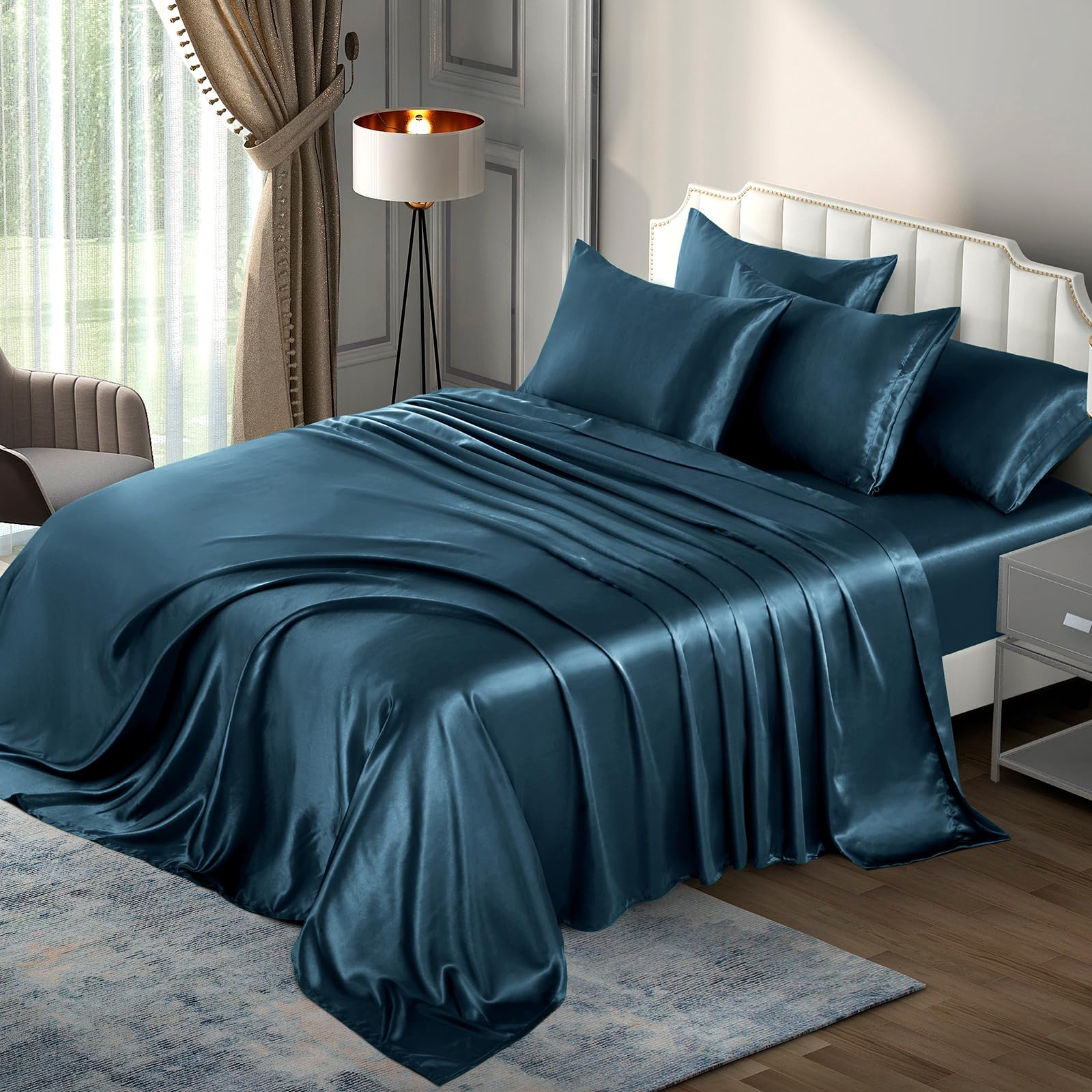 P Pothuiny 6 Pieces Queen Satin Sheets Luxury Silky Navy Blue Satin Bedding Sheet Set, 1 Deep Pocket Fitted Sheet + 1 Flat Sheet + 4 Pillow Cases