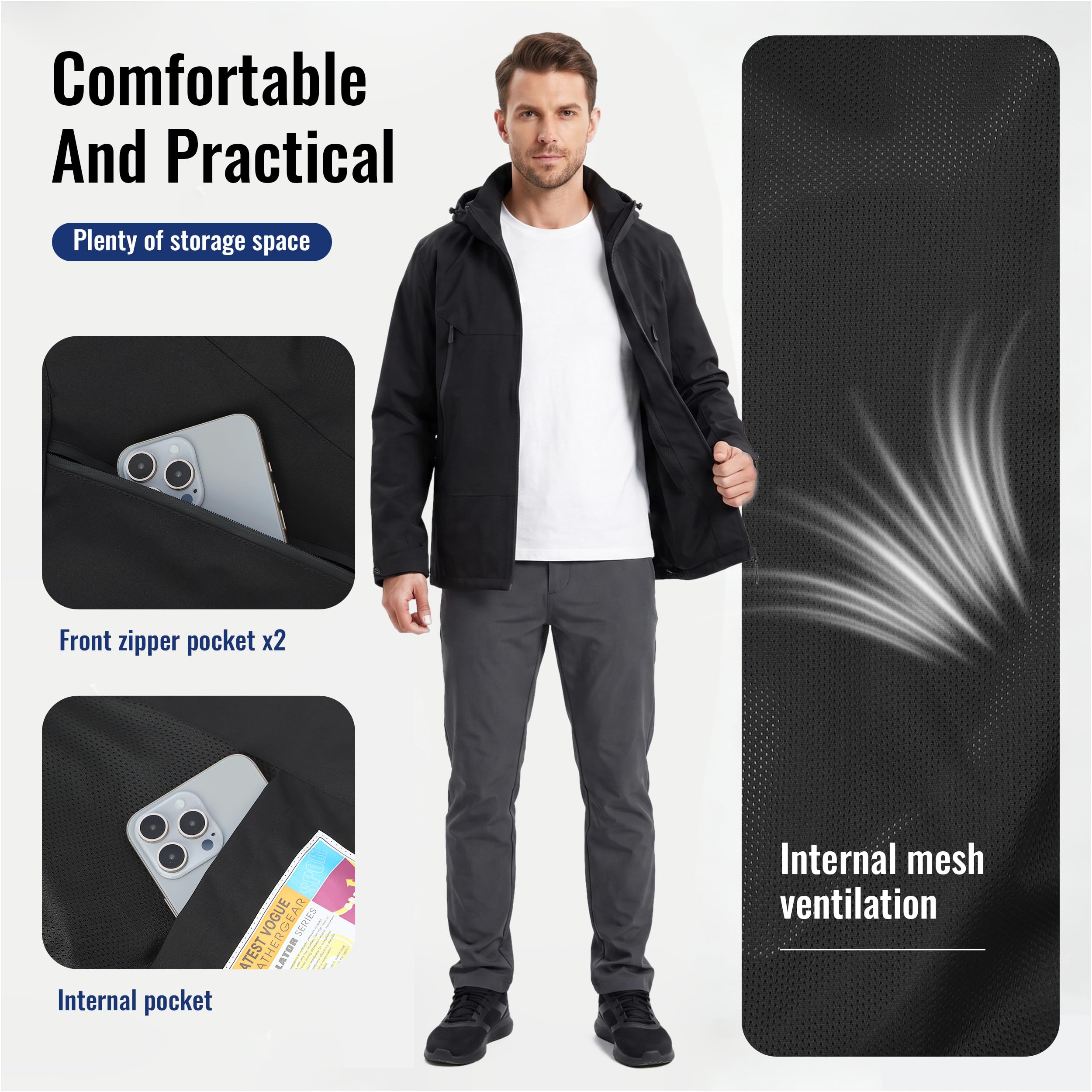 SUKUTU Hommes imperméable veste manteau extérieur imperméable au vent léger randonnée couleur bloqué veste capuchon manteau pluvial
