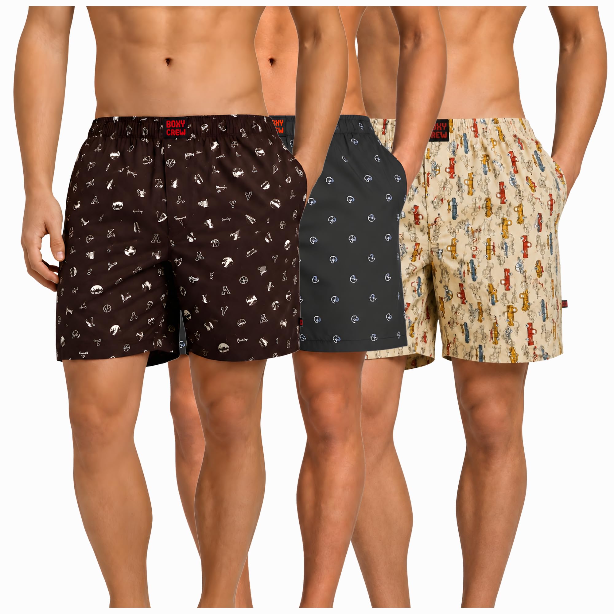 boxy crew Men's 100% Cotton Boxer Shorts Pack of 3, Brown, Navy Blue & Beige | Woven Boxers with Side Pockets, No-Marks Elastic Waistband, Breathable Relaxed Fit | Style 005-009-013-picture-34