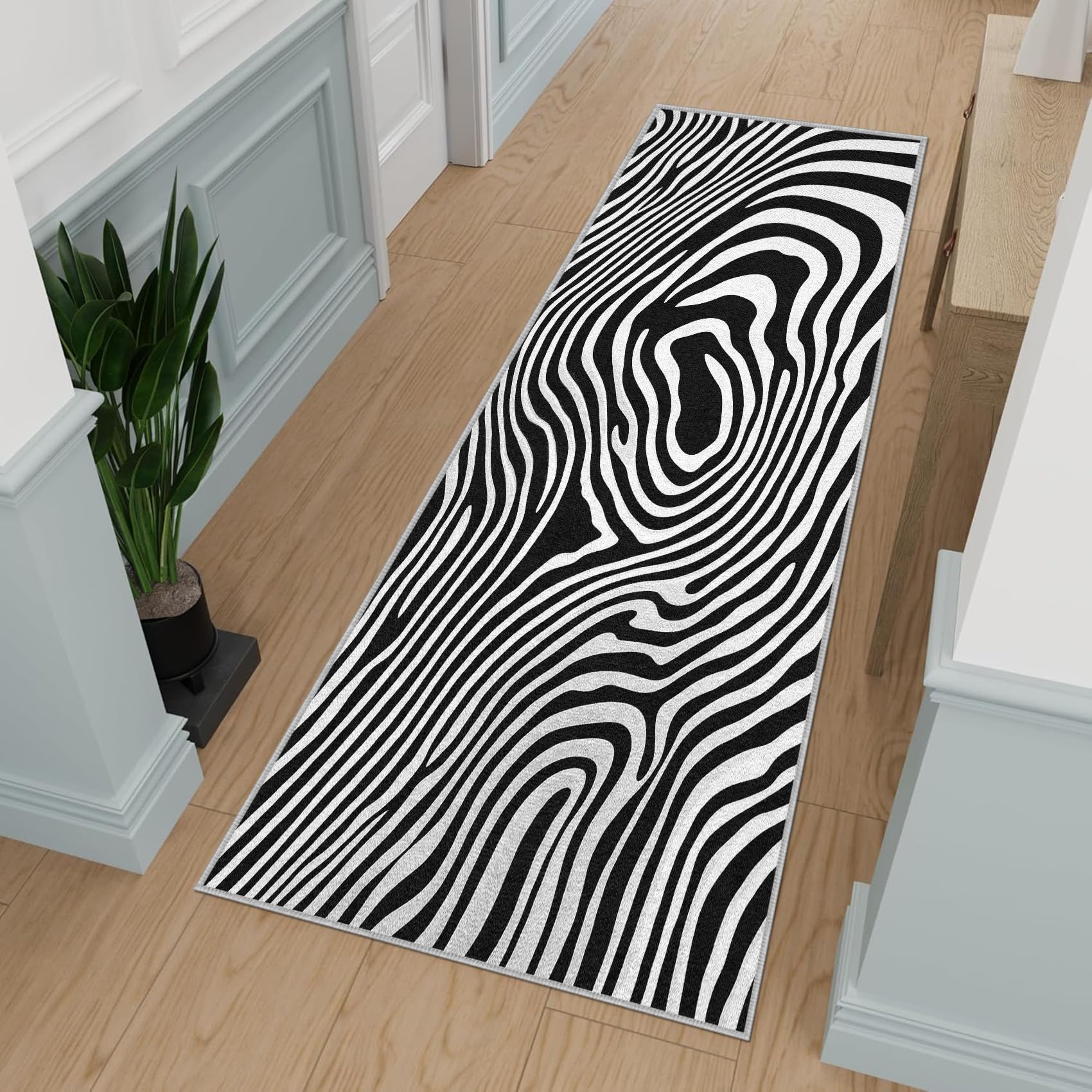 Generisch Zebra Print Läufer Teppich Flur 60x180cm Waschbar Schwarz Weiß Teppichläufer rutschfest Kurzflor Teppich Läufer für Eingang, küche, Schlafzimmer, Wohnzimmer, Korridor