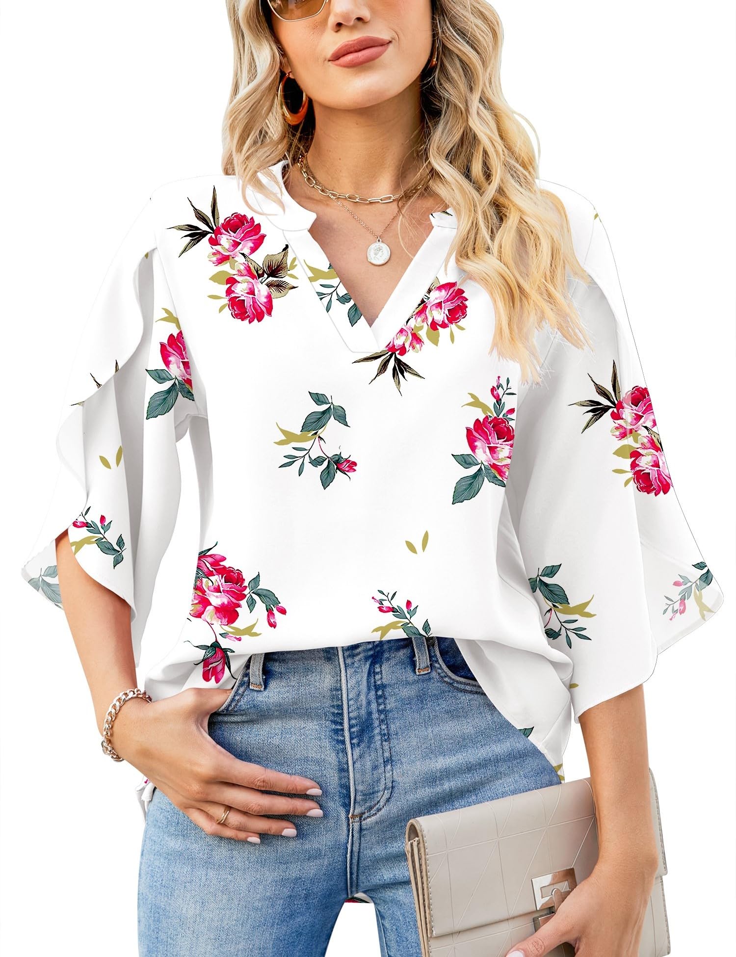 LUYAA Blusa casual de gasa para mujer, manga 3/4 con volantes, cuello en V, ajuste holgado, White Red-flower, Large