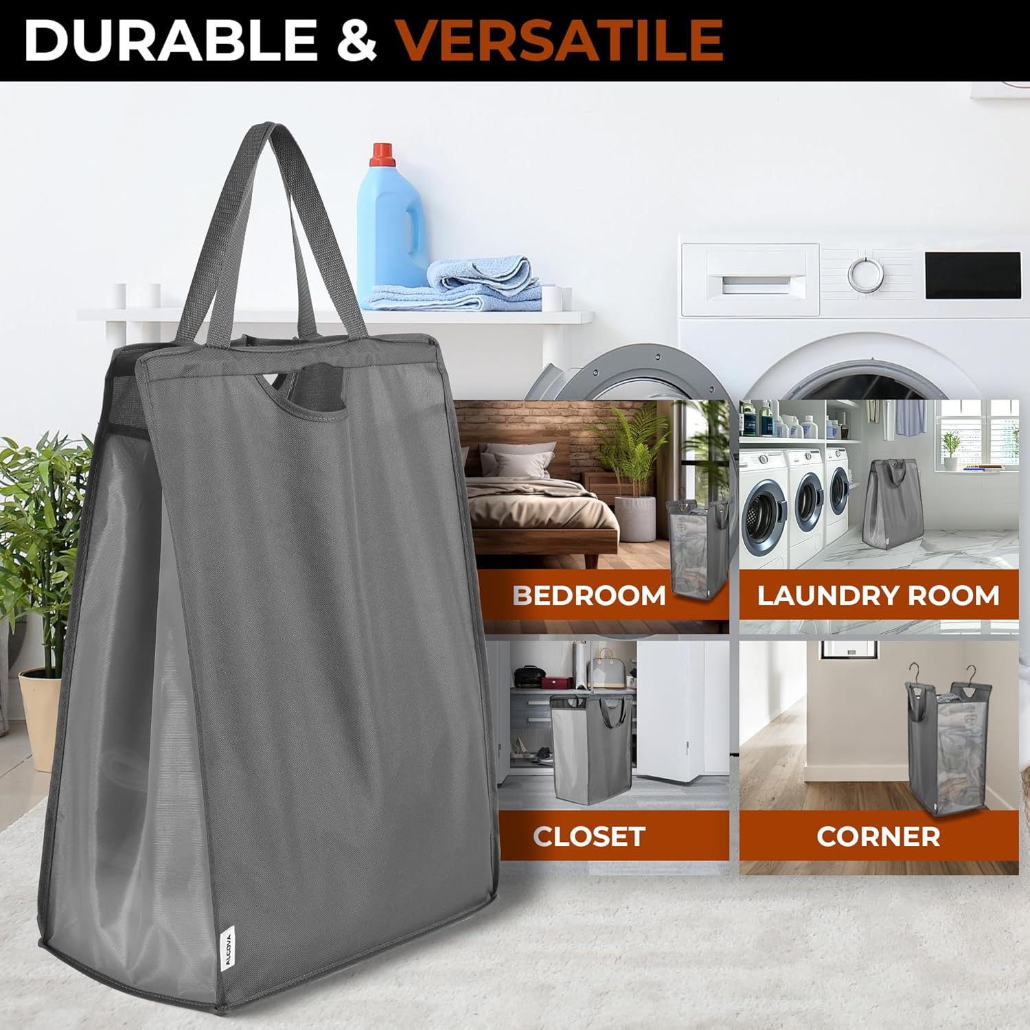 ALCOVA 2 Pack Hanging Laundry Hamper, Space-Saving Mesh Hanging Laundry Bag with Dual Handles & Sturdy Hooks, Portable Hanging Hamper for Family, College Students, Small Closet Solutions