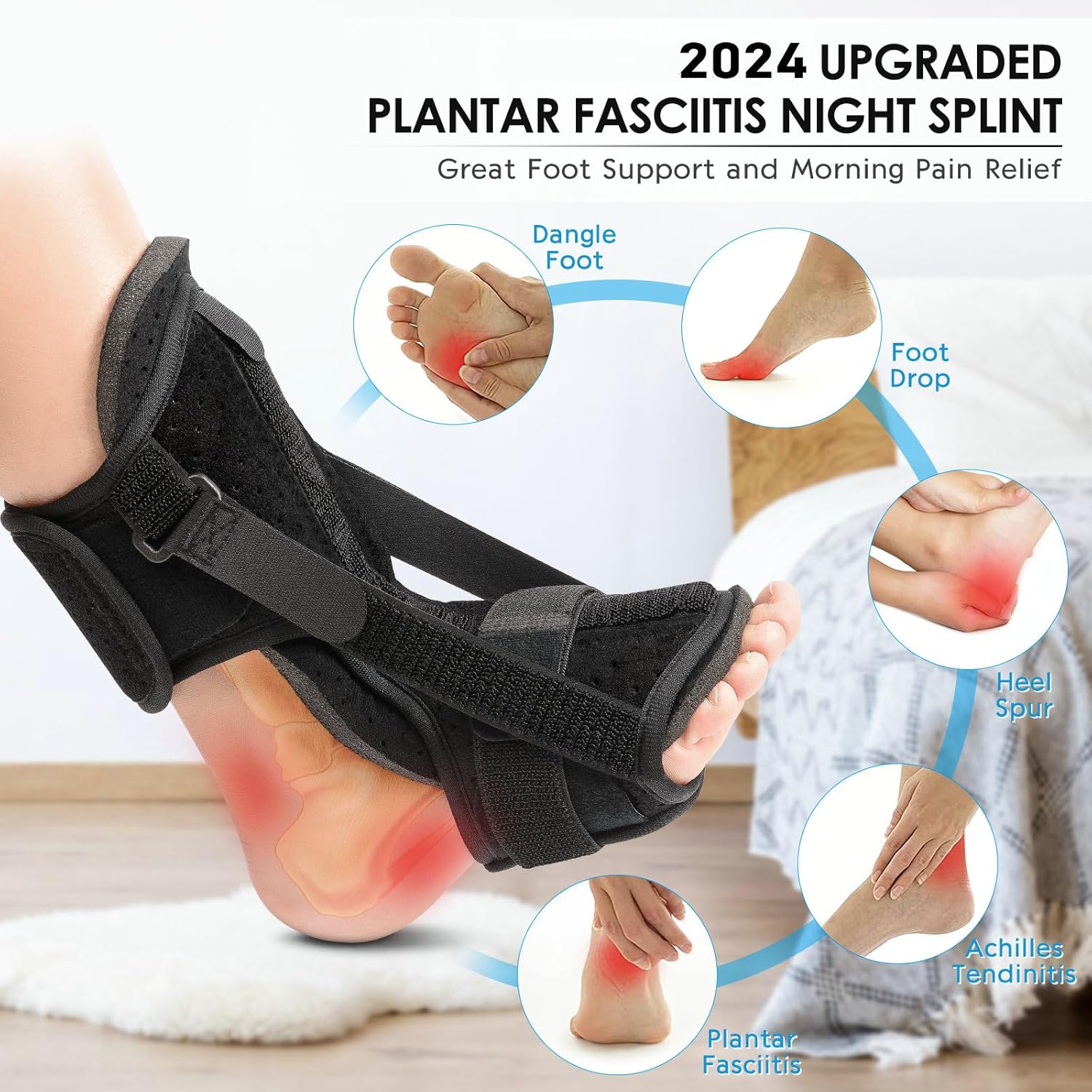 Plantar Fasciitis Night Splint: Upgraded Brace with Soft Memory Foam Pad | Ankle Brace for Plantar Fasciitis Relief Achilles Tendonitis Relief Foot Drop Heel Arch Pain Black - Image 2