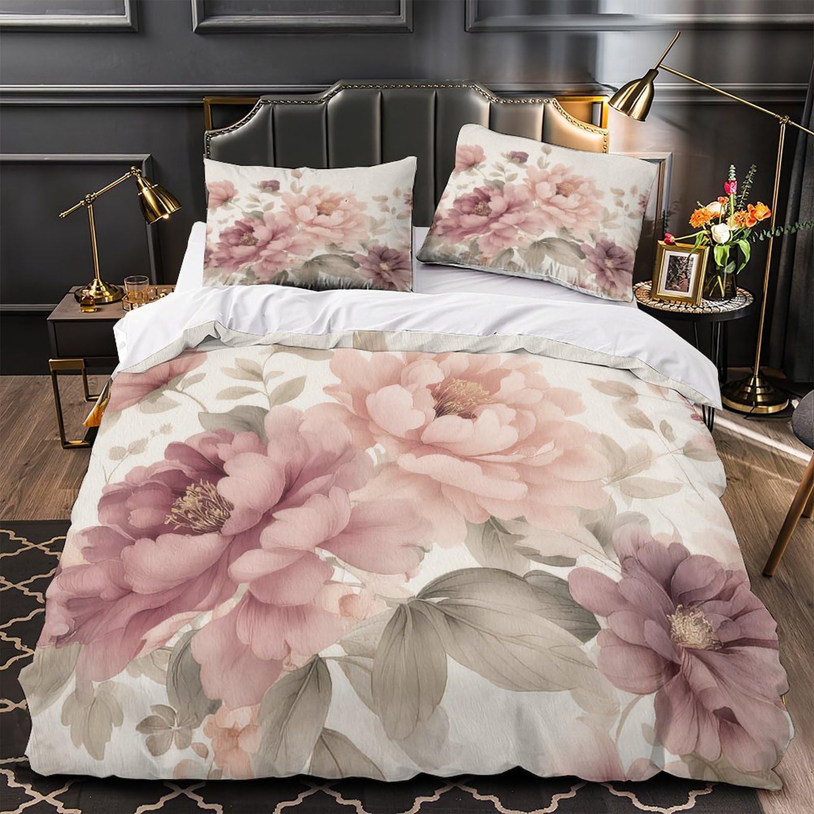 Drap de couette pivoines roses microfibre léger et anti-tache pour un lit King sain