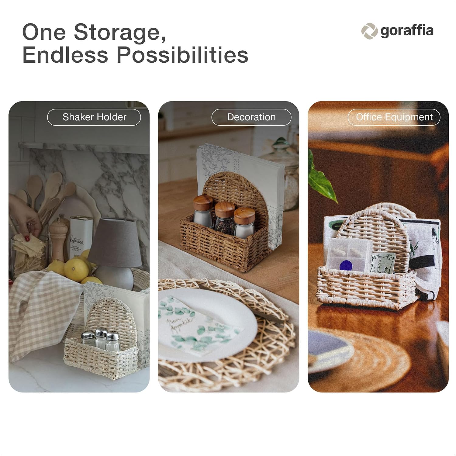 Rattan Napkin Holder with Salt & Pepper Organizer – 5.5"x5.5"x5.5" Cute Wicker Napkin Holder for Kitchen, or Dining Table, Handwoven Boho Organizer Tray (White Wash)