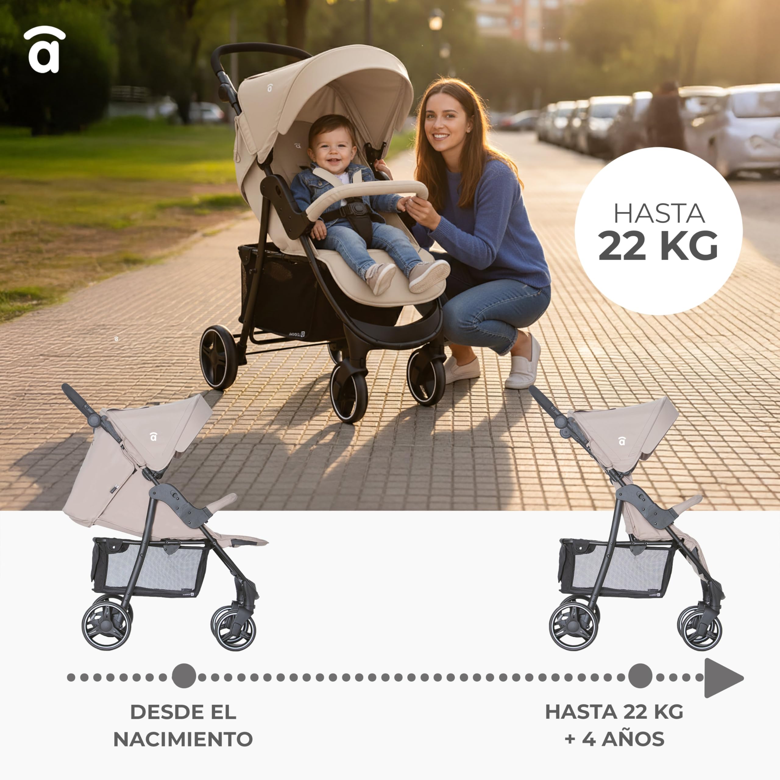 Asalvo AMÉRICA 3 Silla de Paseo, Carrito bebé, Carro para bebés, Confortable, Ultraligera, Segura, Capota con Ventana y Freno Trasero, Manejable, Plegado compacto, Carga Máxima 24 kg, Beige