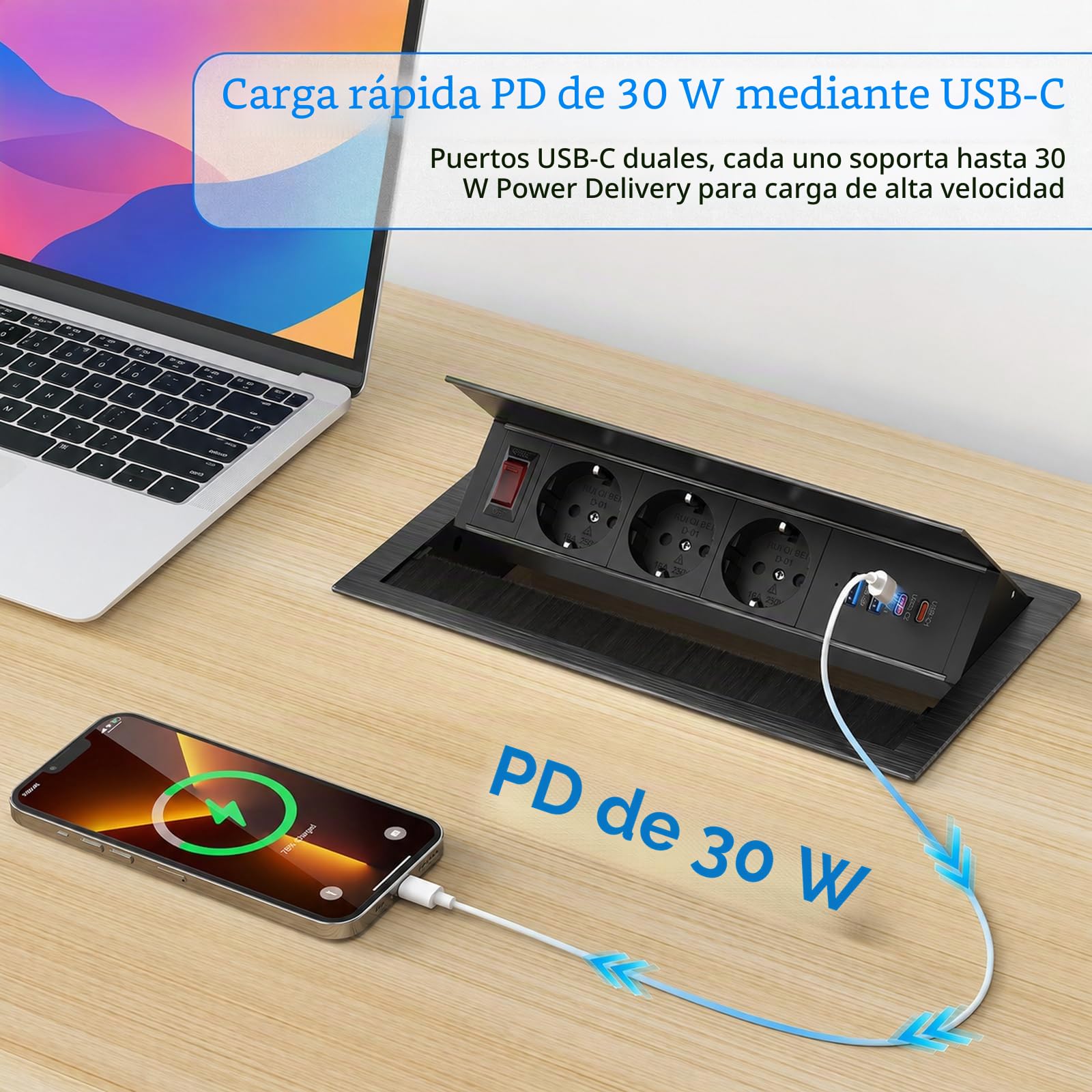 Enchufe empotrable con 2 USB-C PD 30W y 3 Tomas, Aluminio | Regleta empotrable con 4 USB, 2 USB-A QC18W, tapa abatible ajustable, cable 1,8 m, escritorio y cocina, negro