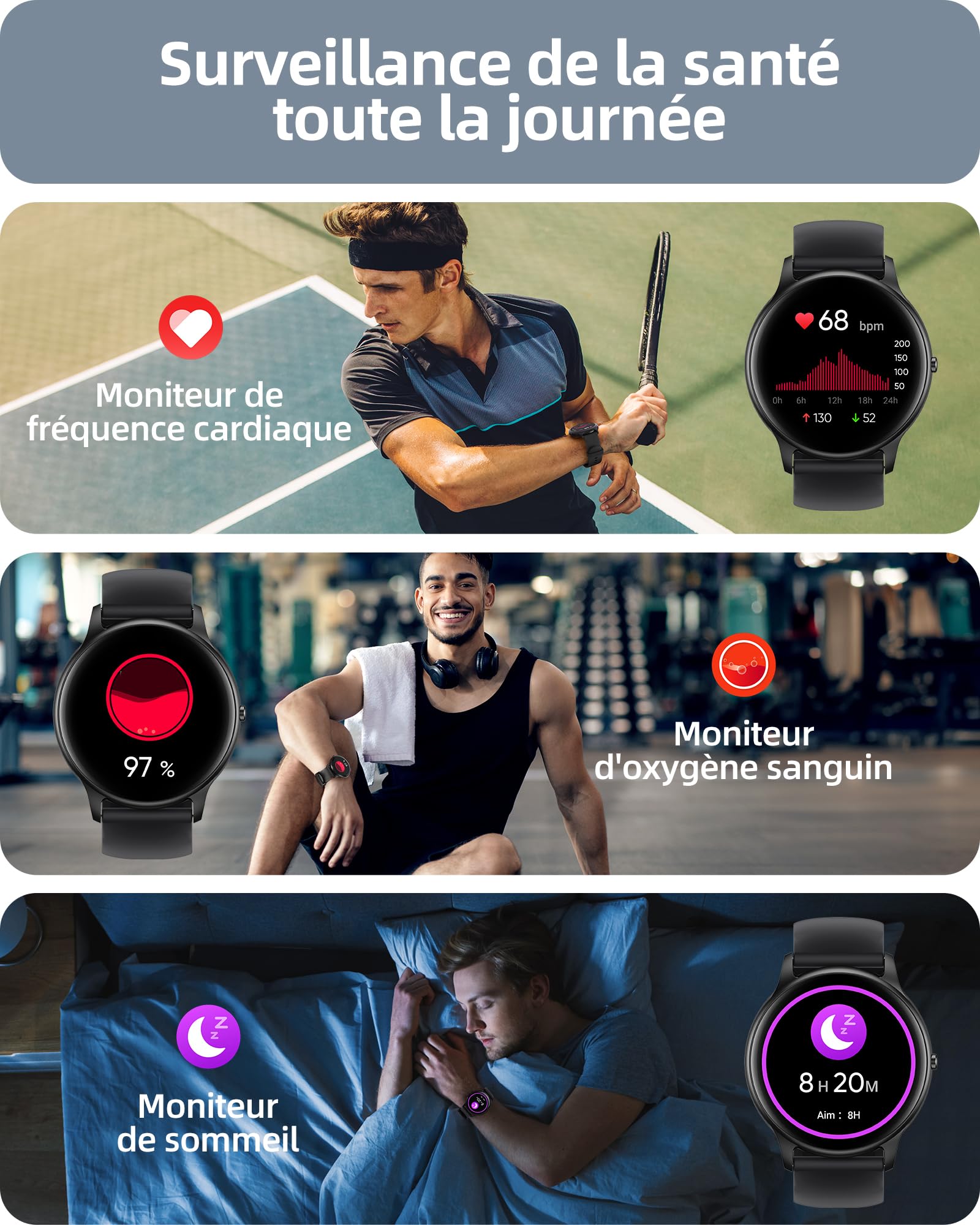 Parsonver Montre Connectée Homme Femme avec Appels Bluetooth, Montre Sport avec 100+ Sportifs, Étanche IP68, Moniteur Sommeil, Fréquence Cardiaque, Podomètre, Smartwatch pour Android iOS, SPROD1, Noir