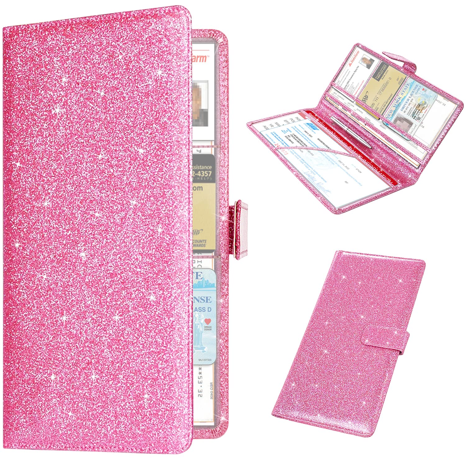 RSAquar Car Registration & Insurance Holder - Leather Glove Box Organizer, Cool Accessories for ID, Driver's License Cards & Docs, Men & Women, Pink