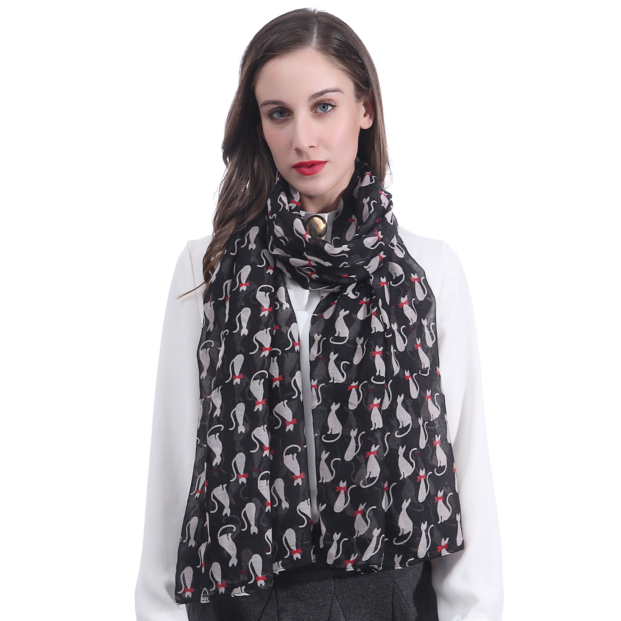 Lina & Lily Cat Print Ladies Scarf Shawl Wrap Lightweight (Black)