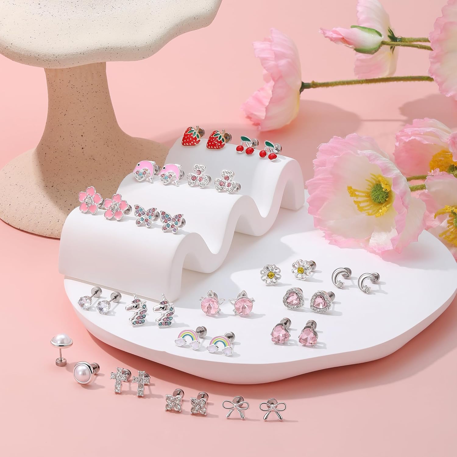 18 Pairs Hypoallergenic Screw Back Earrings for Girls Women Sensitive Ears Surgical Stainless Steel Butterfly Cherry Strawberry Rainbow Stud Flat Back Earrings for Kids Little Girl Teens Gift - Image 3