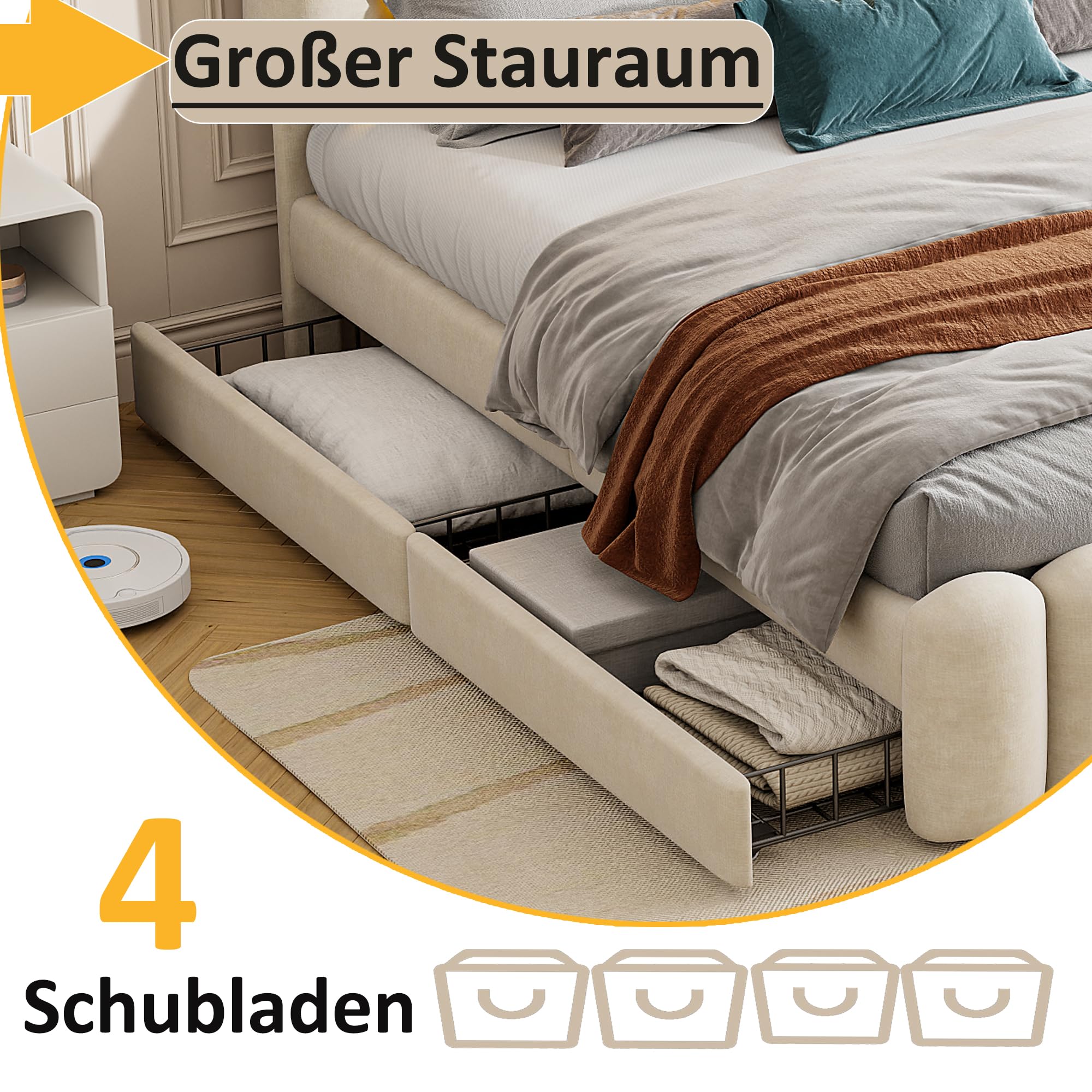 Lit double rembourré avec 4 tiroirs - Avec chaîne stéréo USB LED