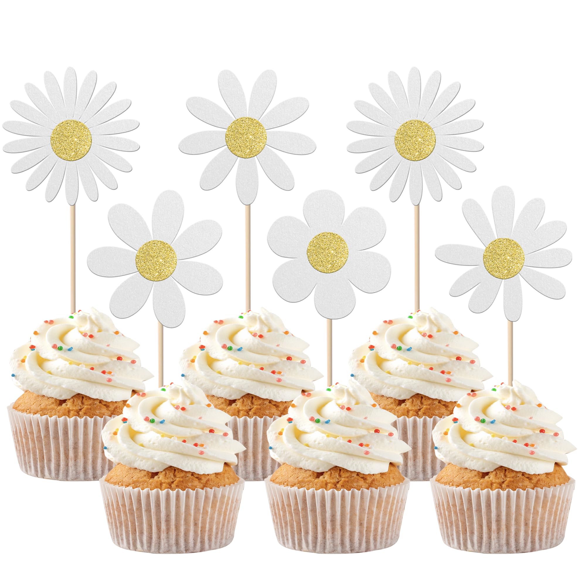 30 PCS Daisy Cupcake Toppers Glitter Flower White Daisy Birthday Cake Decorations Chrysanthemum Cupcake Picks for Spring Wildflowers Theme Baby Shower