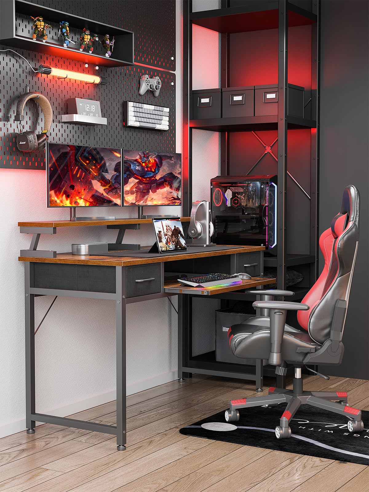 ODK ゲーミングデスク ラック付きデスク 引き出し2杯付き 幅100/120  