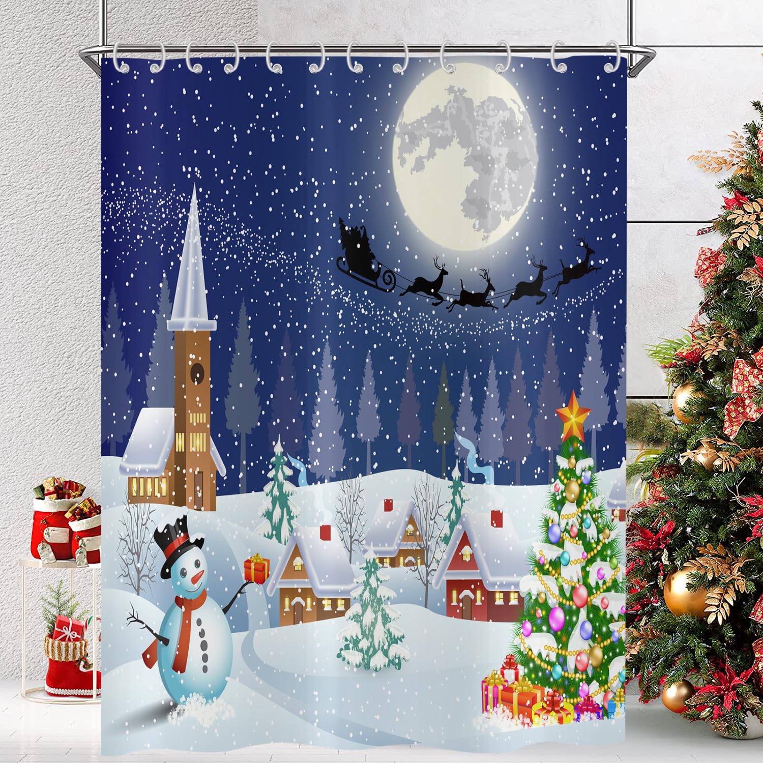 Hnmdmyi Christmas Shower Curtain 180x240, Winter Landscape Moon Snowman Xmas Tree Holiday Blue White Bathroom Curtains with Hooks Waterproof Polyester Fabric Washable Bath Curtains for Wet Room