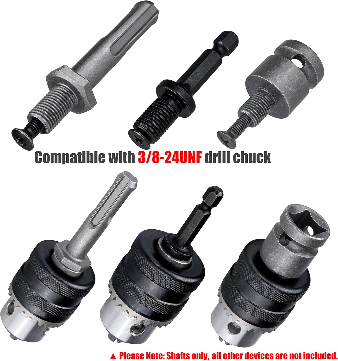Yakamoz 3pc Drill Chuck Adapter - 3/8-24 UNF Mount Thread, 1/4" Hex Shank for Impact Driver | SDS-Plus Shank for Rotary Hammer Drill | 1/2" Drive Female Adapter for Air Impact Wrench