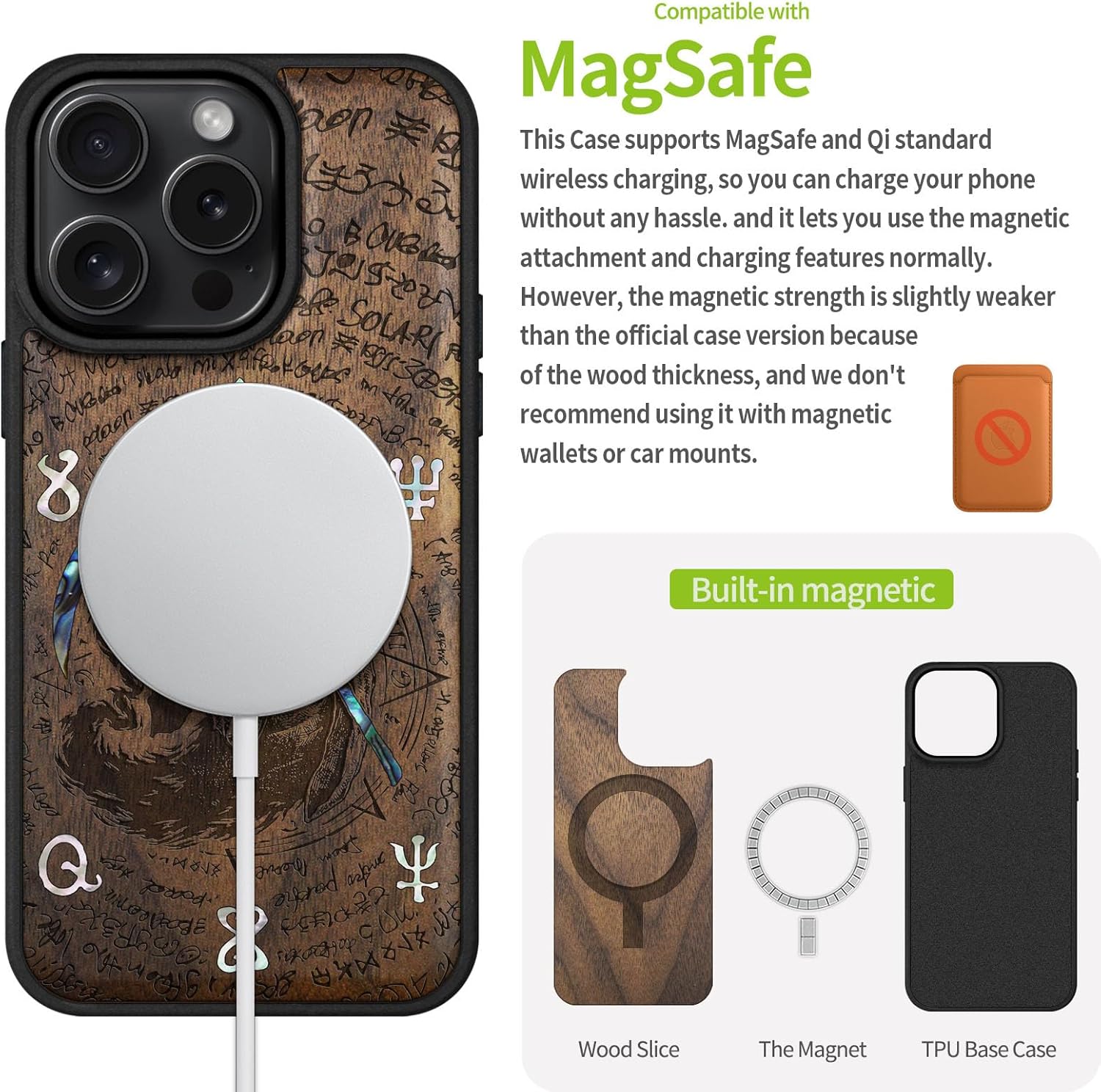 Carveit Magnetic Case for iPhone 16 Pro Case, Wood Artisan Engraved & Handmade Shell Inlaid, TPU Shockproof Cover, Compatible with MagSafe Wireless Chargers (The Grim Reaper of Carved) Walnut