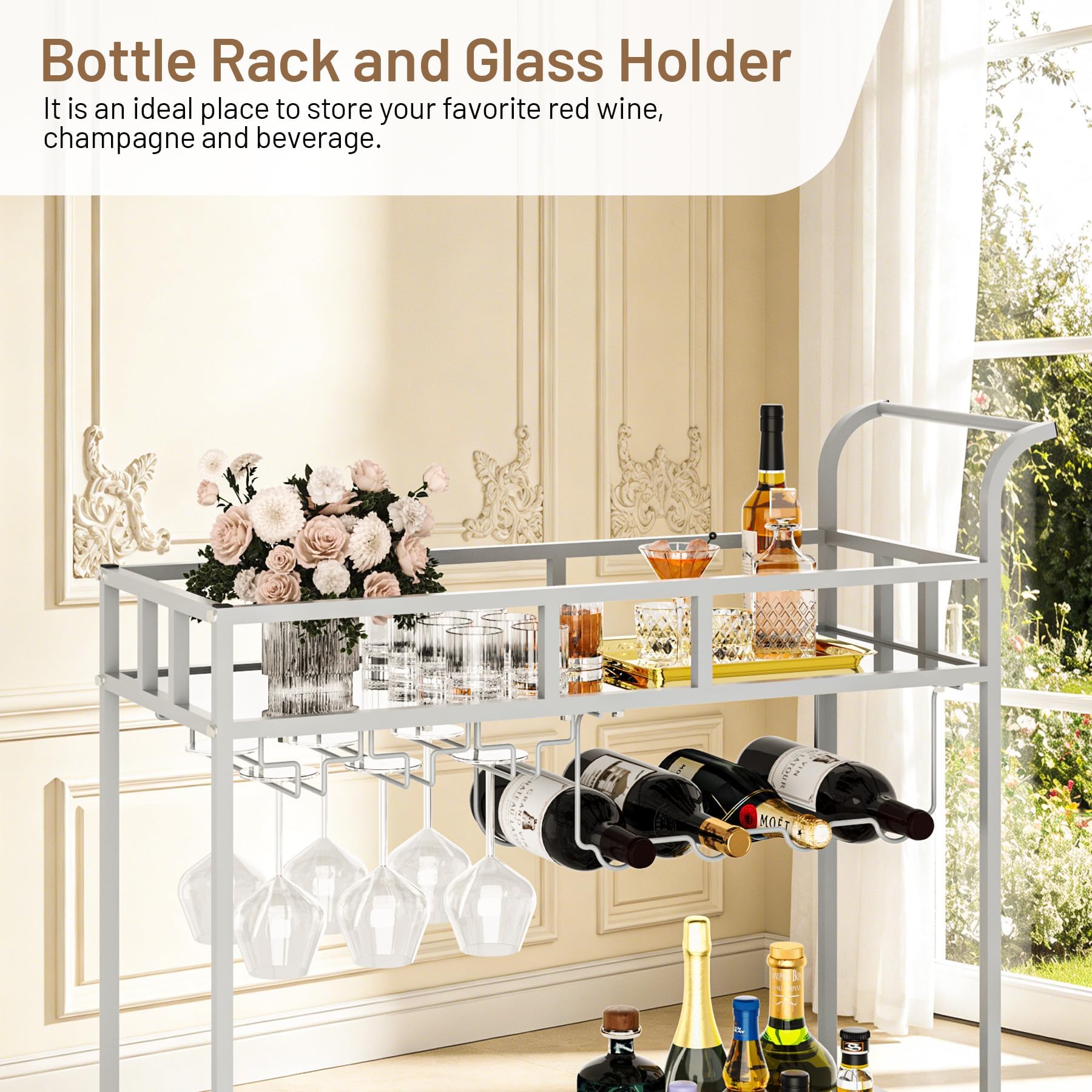 Garvee Carro de Bar rodante de 2 Niveles con estantes espejados – Porta Copas y Botellas – Compacto y portátil para Comedor, Cocina o Sala – Plata+Espejo, 4 Botellas, 3 Filas Copas, 34x15x35
