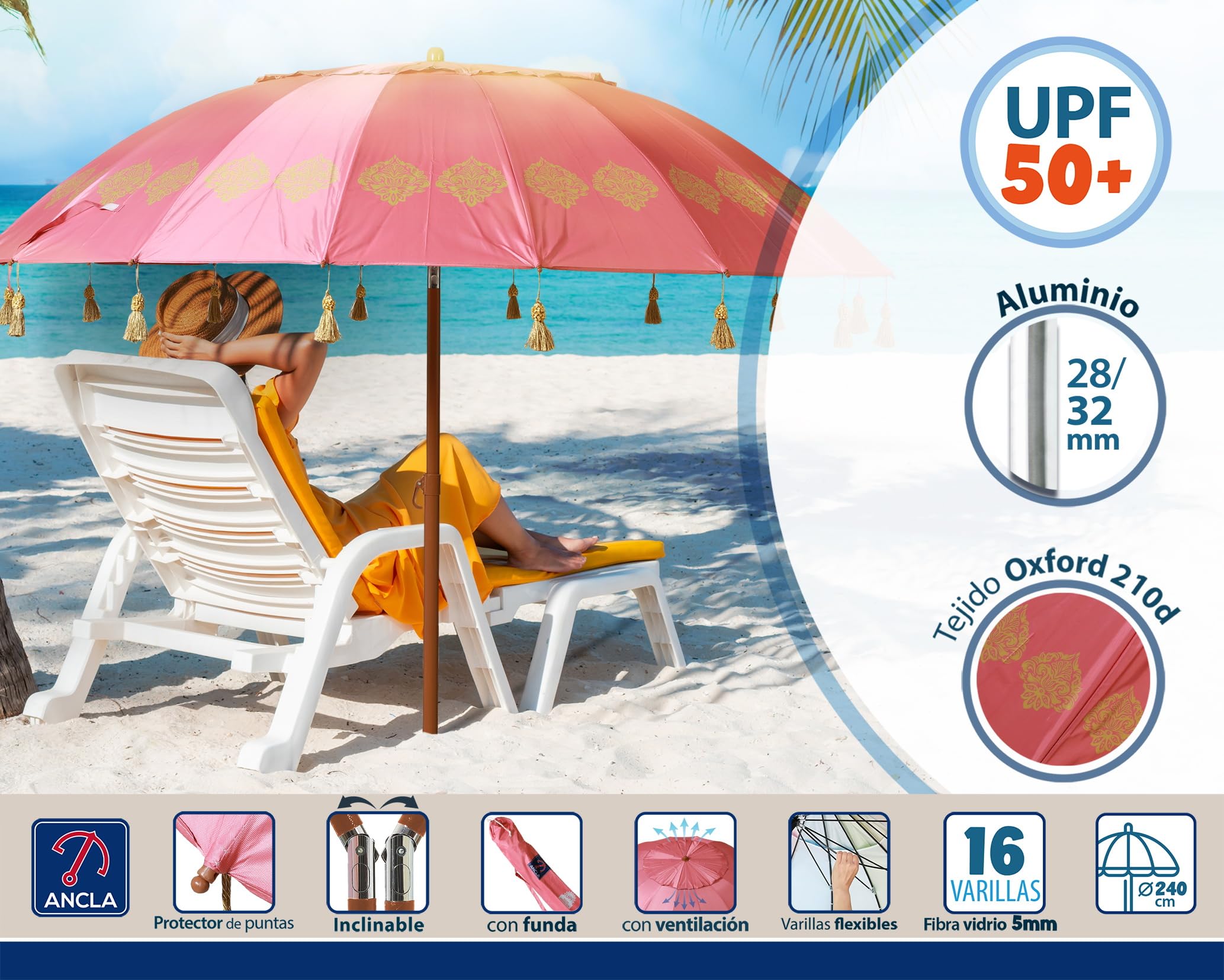 Atosa Strandschirm Ø 180 bis 240 cm aus Aluminium Orientalisches Modell mit Fransen mit LSF 50+, korallenrot, 240 cm, Sonnenblende
