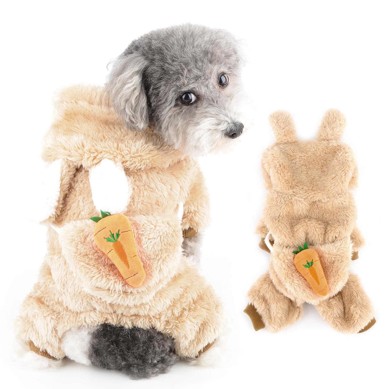 Ranphy Fleece Dog Hoodie for Small Dog Warm Pet Pajamas with Bunny Hood Puppy Pyjamas with Carrot Crossbody Bag Autumn Winter Pjs Super Soft Pullover Chihuahua Yorkie Cat Costume Brown XXL