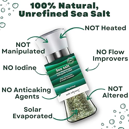 Miniatura 4 de Sal marina pura ODYSSEY para condimentar carne, pescado y pollo, sal marina gourmet 100% natural de Grecia, sal marina de ajo y albahaca con