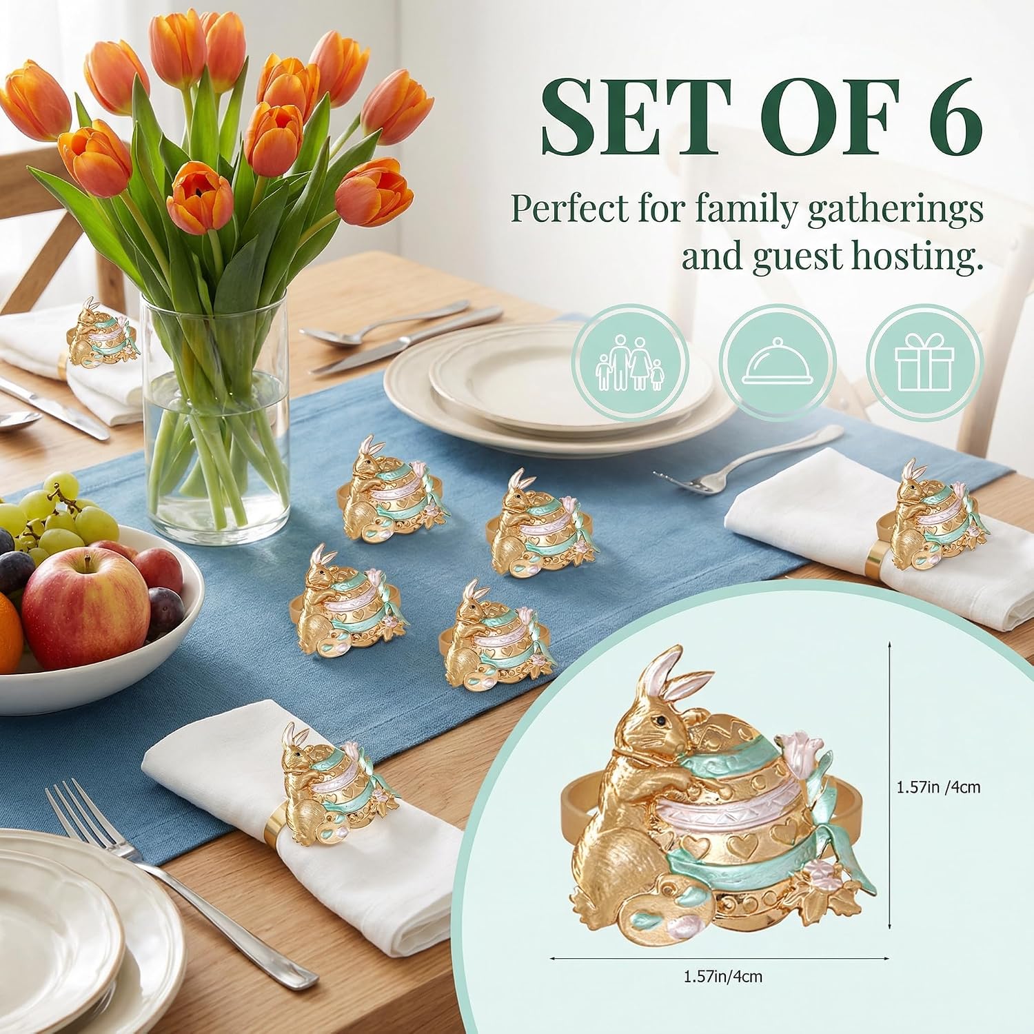 Garneck 6Pcs Easter Napkin Rings: Bunny Rabbit Gold Metal Holders Set Cute Ring Buckles for Spring Table Decor Place Setting Dining Dinner Brunch Party Kitchen Tabletop Accessories image 2