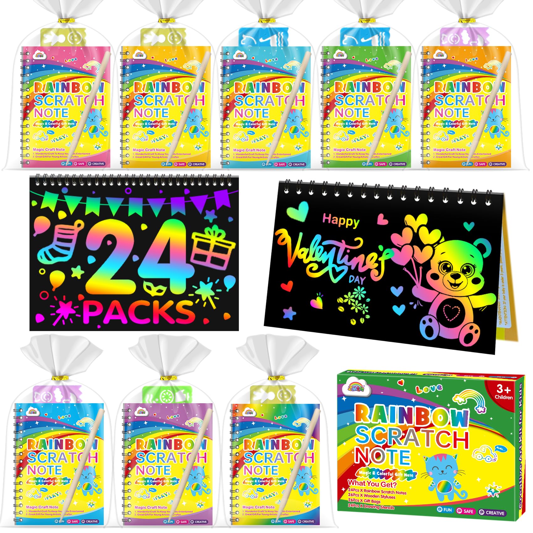 ZMLM Valentines Day Gifts Kids Classroom: 24 Pack Scratch Rainbow Art Notebook Paper, Birthday Party Favors For Kids 4-8-12, Bulk Goodie Bags Stuffers, Student Prizes From Teacher, Kindergarten Toy