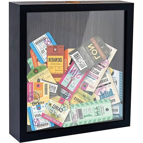 Small Shadow Box Black 8x8 Top Loading Display Case Frame with Slot, Movie Travel Sporting Events Concert Ticket Stubs Drink Beer Caps Memory Keepsake Box