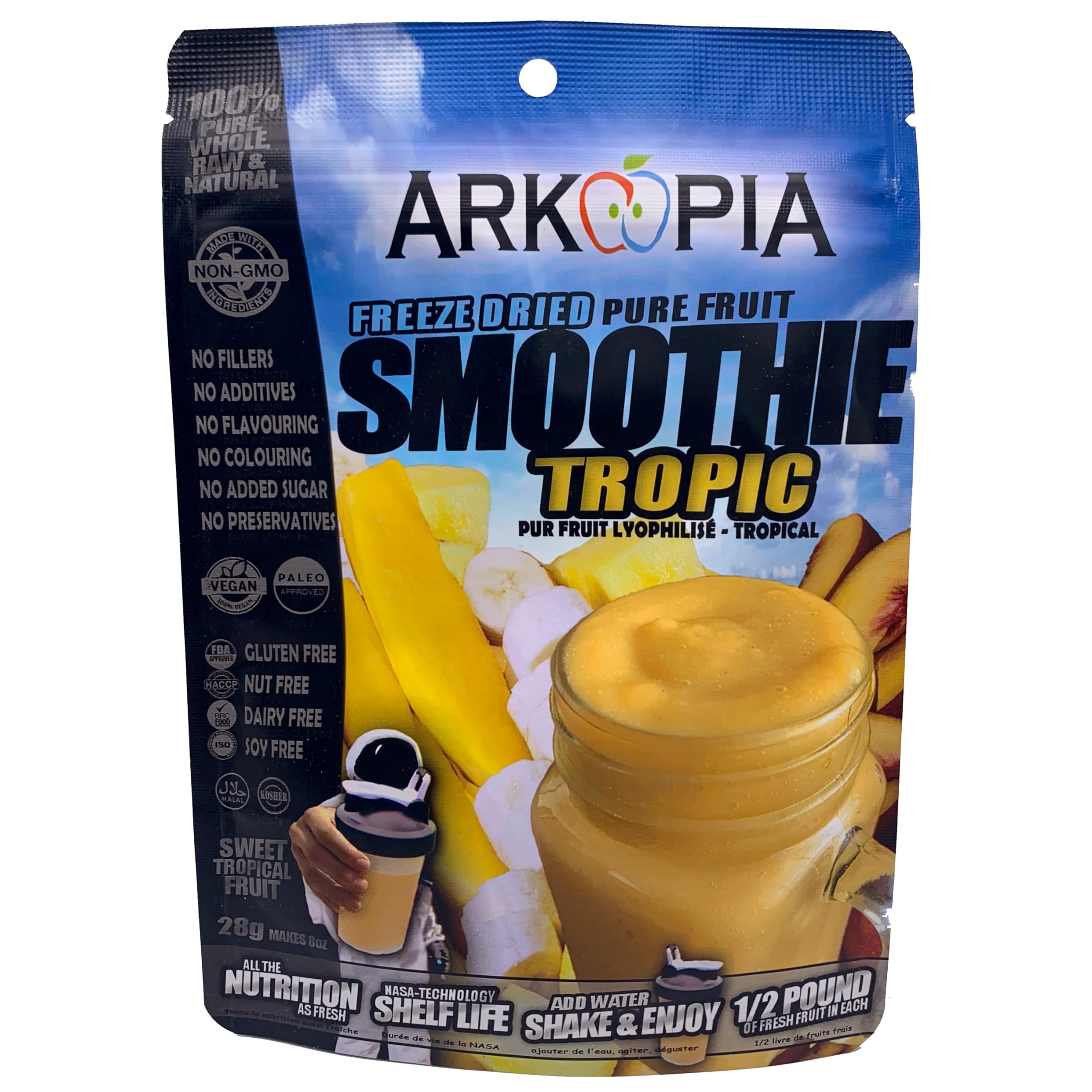 Arkopia Freeze Dried Smoothie - TROPIC | Sweet Tropical Fruit | Pure, Raw, Whole, & Natural | Just add water & make a fresh pure fruit Smoothie | All the nutrition as fresh | BB date 2049-01 | Find our 12 packs for only $4.99/smoothie