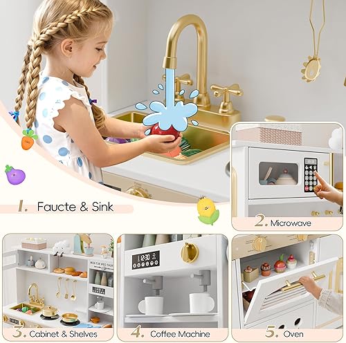 Miniatura 5 de Juego de cocina de 35.8 pulgadas para niños, cocina de juguete para niños pequeños, juego de cocina de madera 23 en 1 para niños con alimentos de