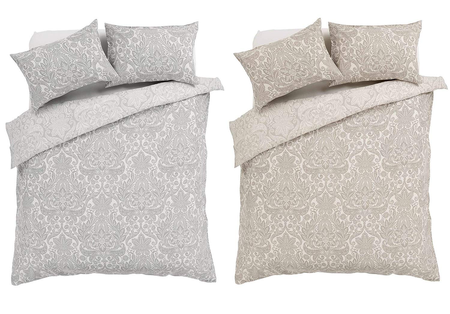 Voice 7 Traditional Chantilly Reversible Duvet Set with Two Pillow Cases - Floral Design Printed Linen Quilt Cover Bedding Set (King, Grey)