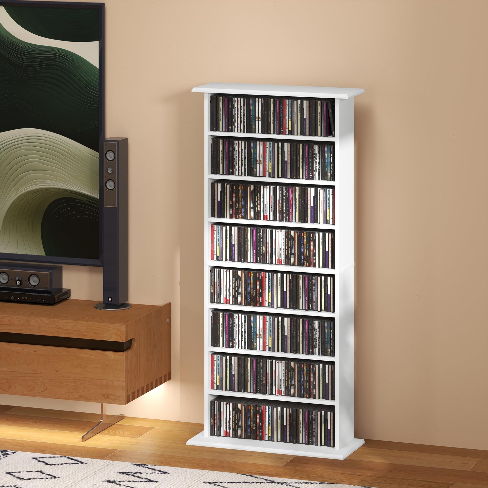 Almacén de CD y DVD HOMCOM, Unidad de Almacenamiento Multimedia con 8 Compartimentos y 6 estantes Ajustables, Capacidad máx. 360 CD/185 DVD y BLU-Ray, 58 x 24 x 124,5 cm, Blanco