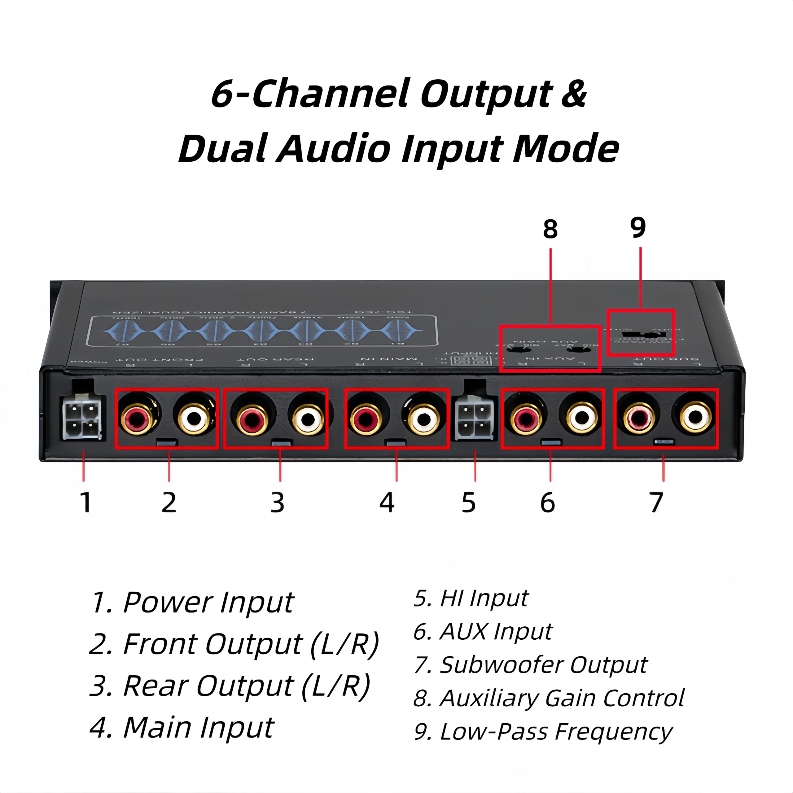 EQS-755 7 Band Car Audio Equalizer, 1/2-DIN Size Stereo Graphic Equalizer with 6-Channel Output RCA/AUX Input Subwoofer Level Control for Home Car Audio