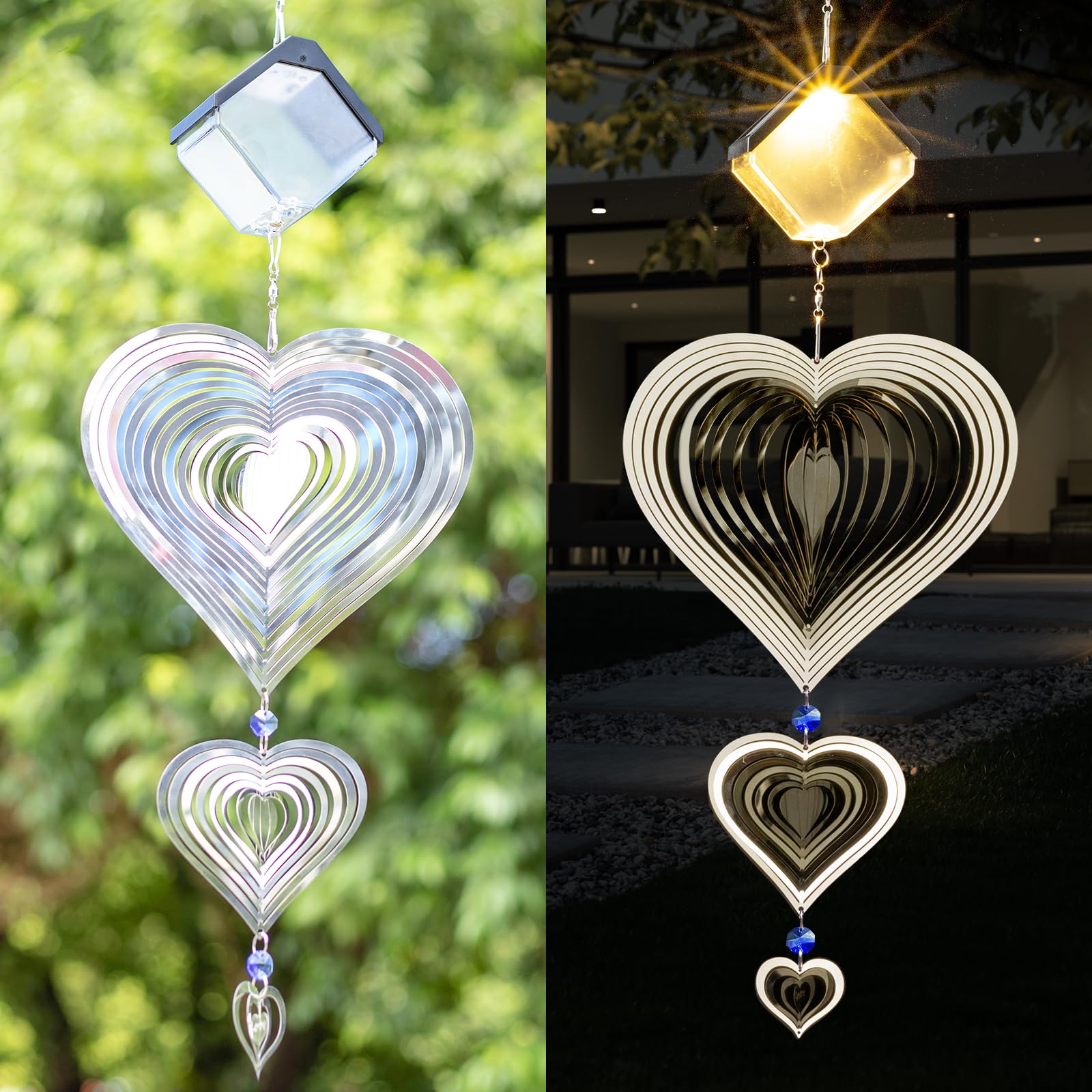 Wind Spinners Outdoor with Solar Light for Yard Decorations, 3D Heart Shape, 25 Inch, Stainless Steel Reflective for Yard, Wind Spinners Outdoor Hanging