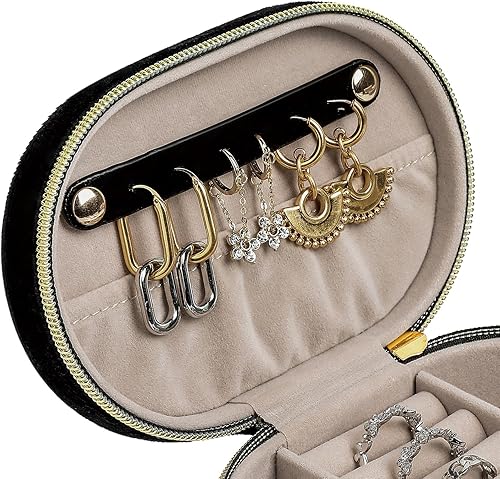 Miniatura 6 de Changsuo Joyero de terciopelo de felpa para viajes, pequeño joyero para mujeres, organizador de viaje de joyería (ébano)