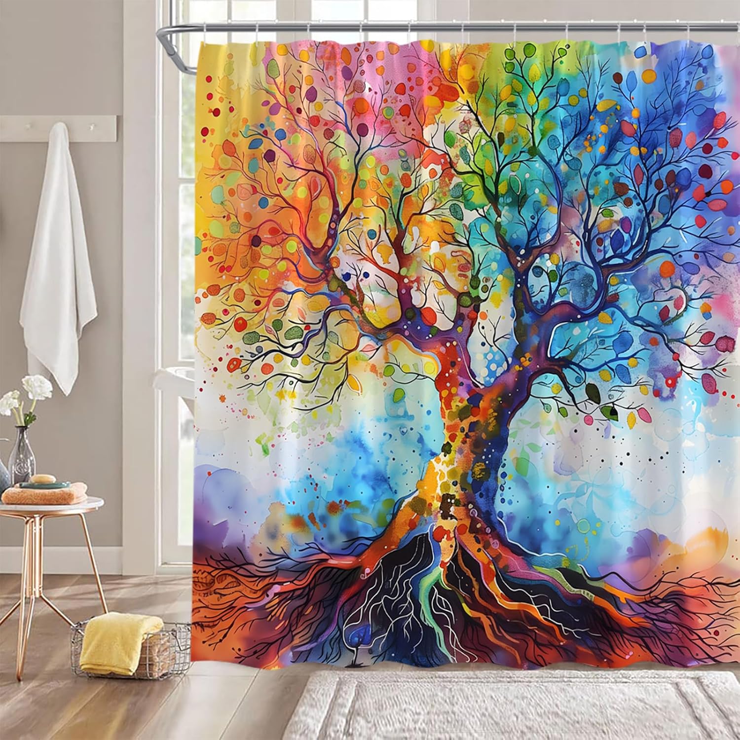 Sunhe Tree of Life Shower Curtain Modern Abstract Oil Painting Life Tree Colorful Boho Colored Seasons Art 70" Wx96 H Bathroom Decor Curtain with Hooks