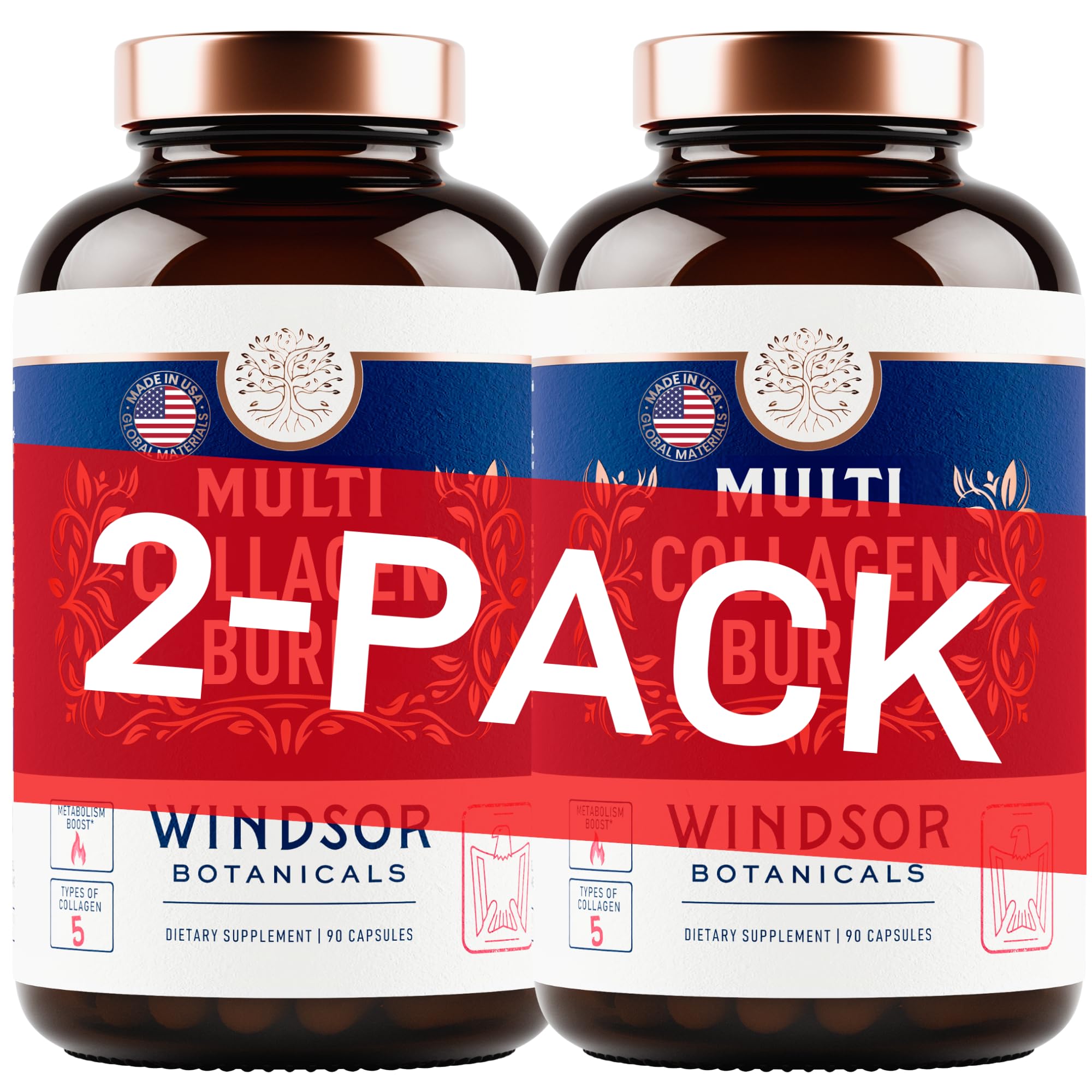Thermogenic Multi Collagen Burn Capsules - Hydrating Hyaluronic Acid, Marine Collagen Supplements for Women and Men & Vitamin C - Hydrolyzed Collagen Complex 5 Types- 2-Pack, 180 Pills