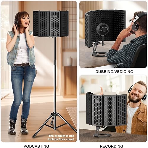 Miniatura 5 de Aokeo Escudo de aislamiento de micrófono, escudo de micrófono plegable con triple aislamiento acústico, filtro de reflexión con soporte roscado de