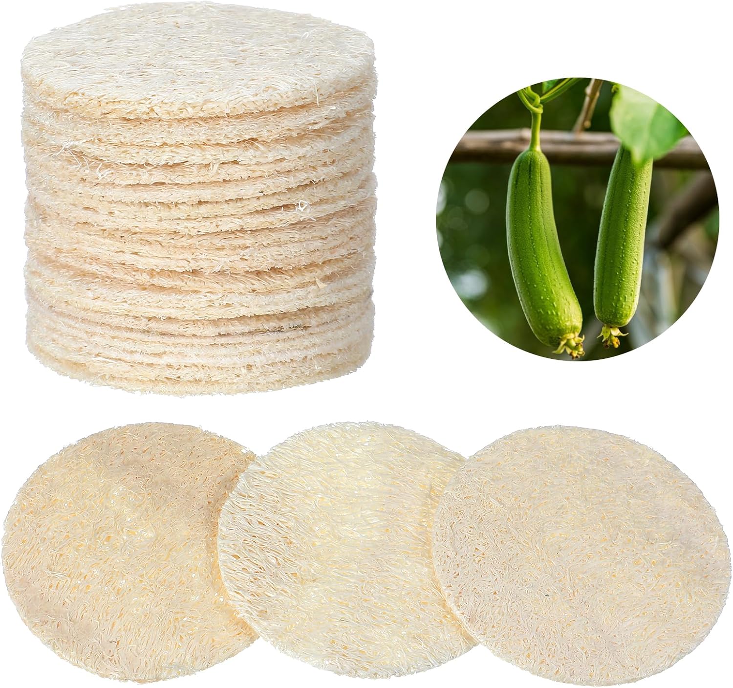 30 Pcs Natural Loofah Sponge Pads, 2.36 Inch Exfoliating Body Facial Scrub Pads for Makeup & Dead Skin Masks Removal Washing Face, Exfoliator Scrub Brush for Men Women Bath Shower Spa