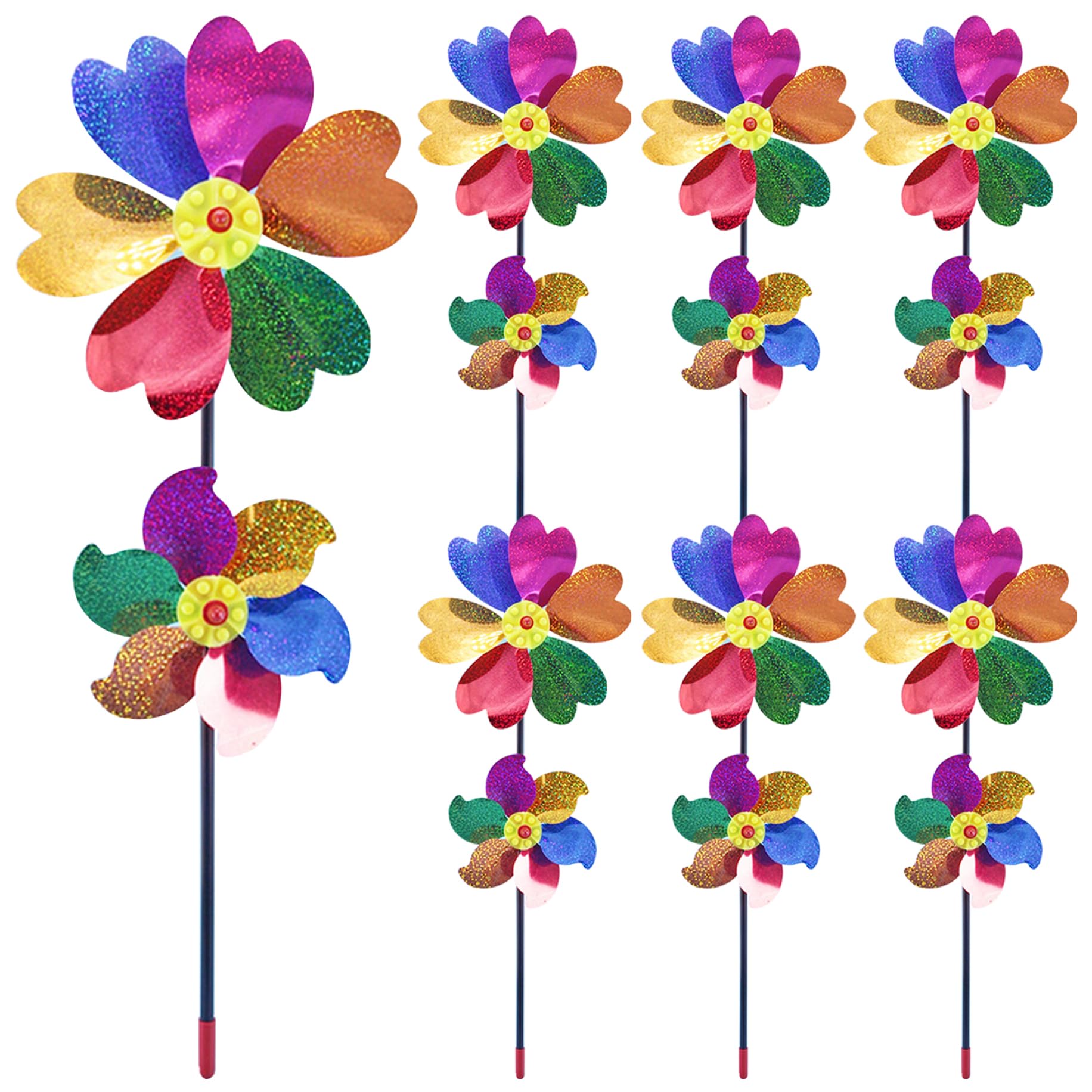 Sparkly Rainbow Pinwheels for Yard and Garden, 10PCS Reflective Wind Spinner, Double Layer Garden Windmill with Stakes, Scare Birds Away Pinwheels for Kids
