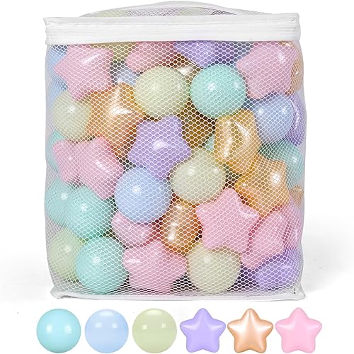 Star Ball Pit Balls for Toddlers -100pcs Macaron Stars and Balls for Ball Pits, Phthalate Free Non-Toxic Crush Proof Play Balls Play Tent Pool Playhouse Playpen Party Decoration.