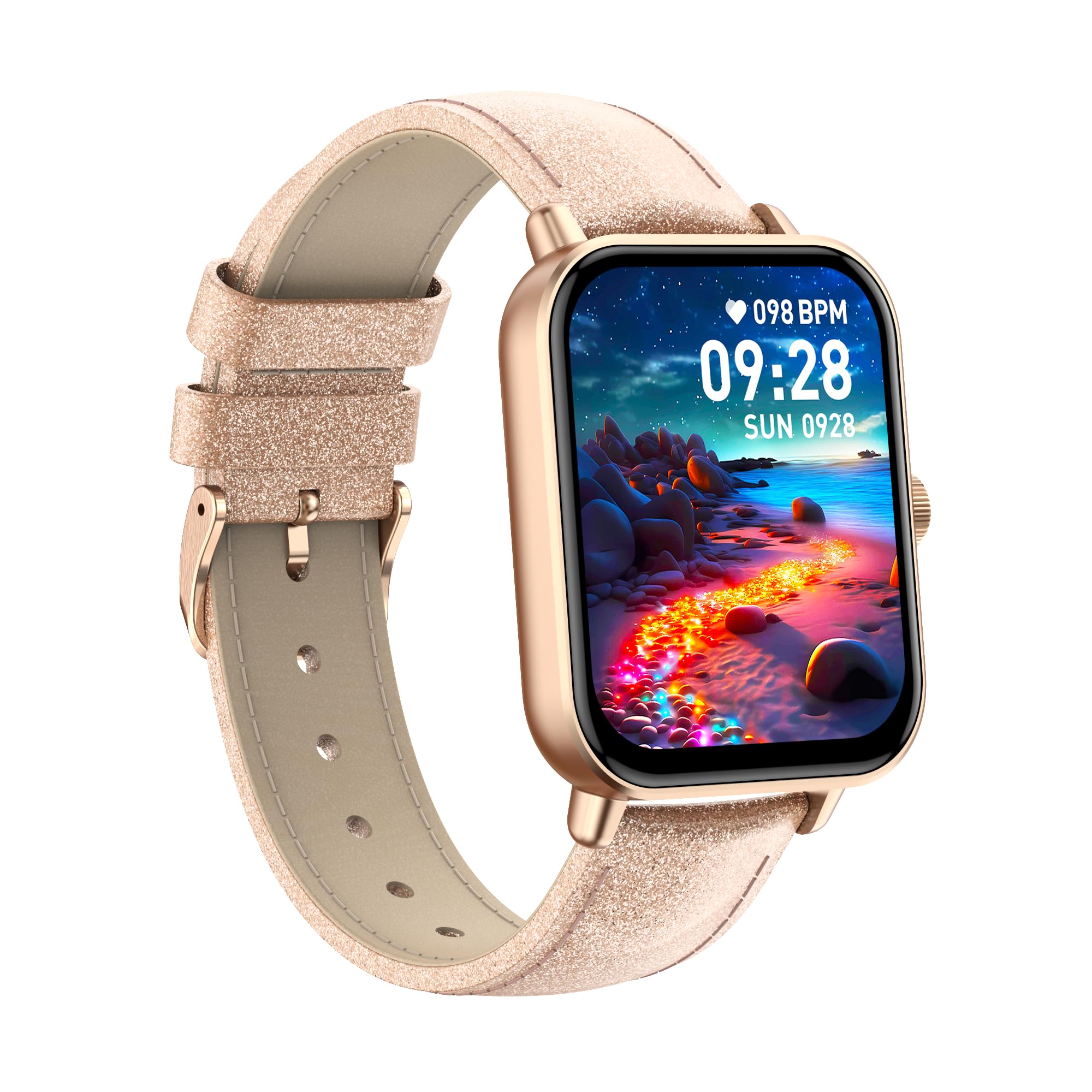Digitec Montre connectée Square Rose-dorée, avec Bracelet doré-Rose pailleté en Cuir, Femme, Suivi activité et Sommeil